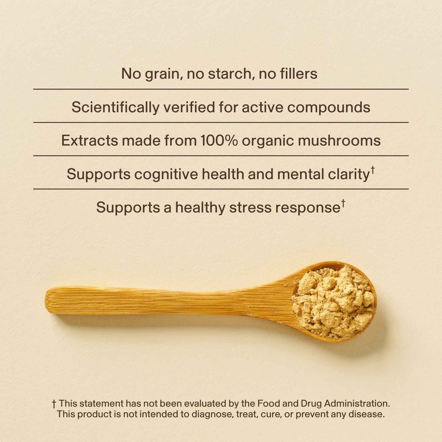 A wooden spoon with Real Mushrooms’ RealClarity—a blend of organic Lion’s Mane, Ashwagandha, Rhodiola, and Bacopa extract powder—on a beige background, alongside text highlighting their benefits.