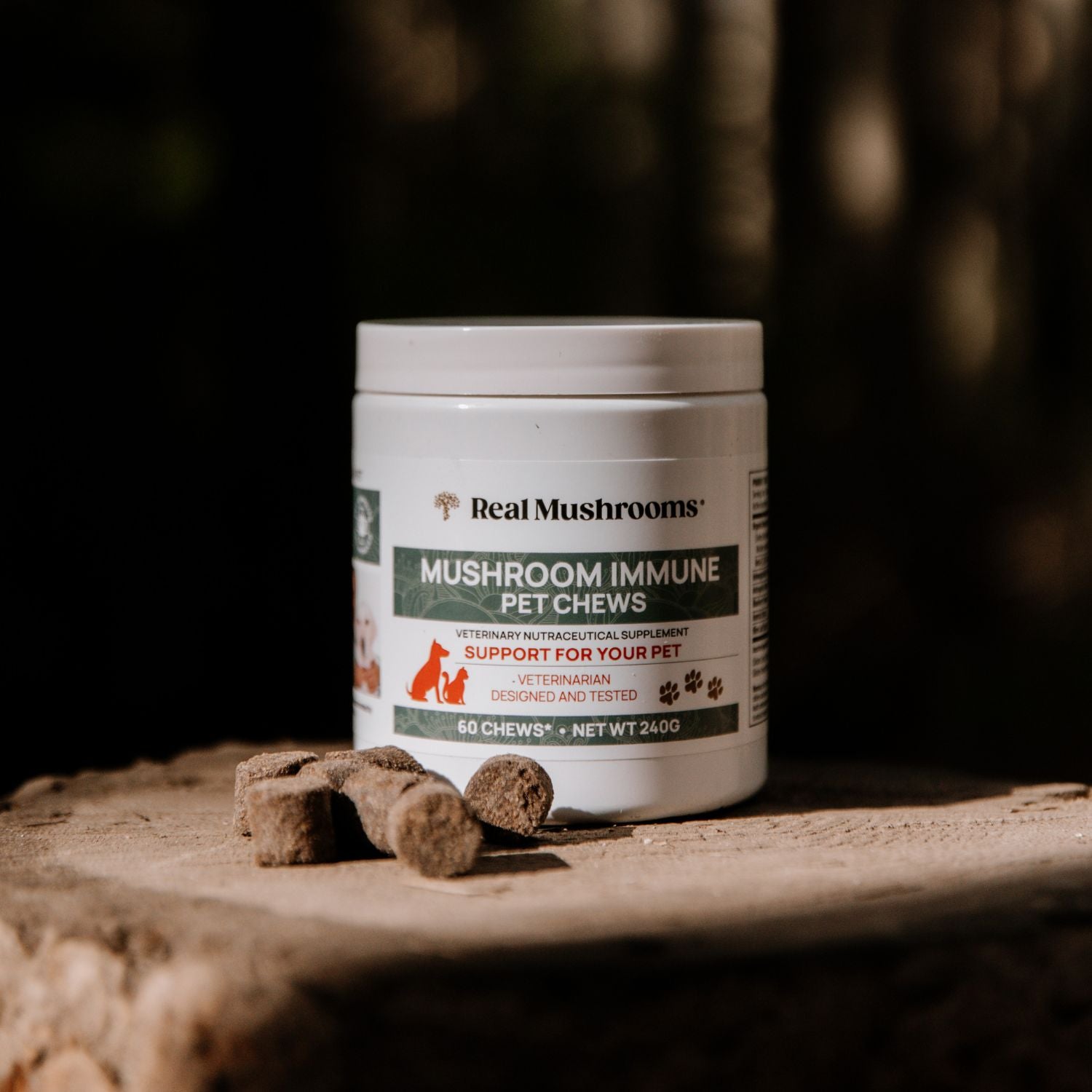 A container of Real Mushrooms Mushroom Immune Pet Chews, a pet immune supplement, is displayed on a wooden surface with several chews in front.