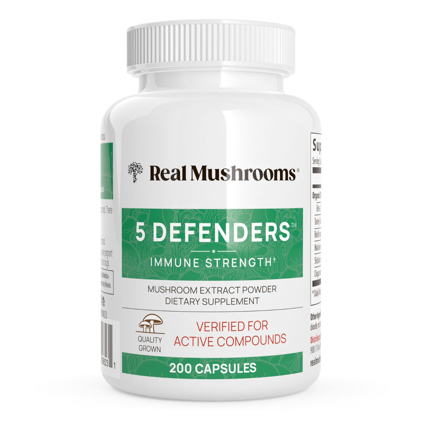 A white bottle labeled "Real Mushrooms 5 Defenders® Organic Mushroom Blend Capsules" with 200 capsules, designed for immune support.