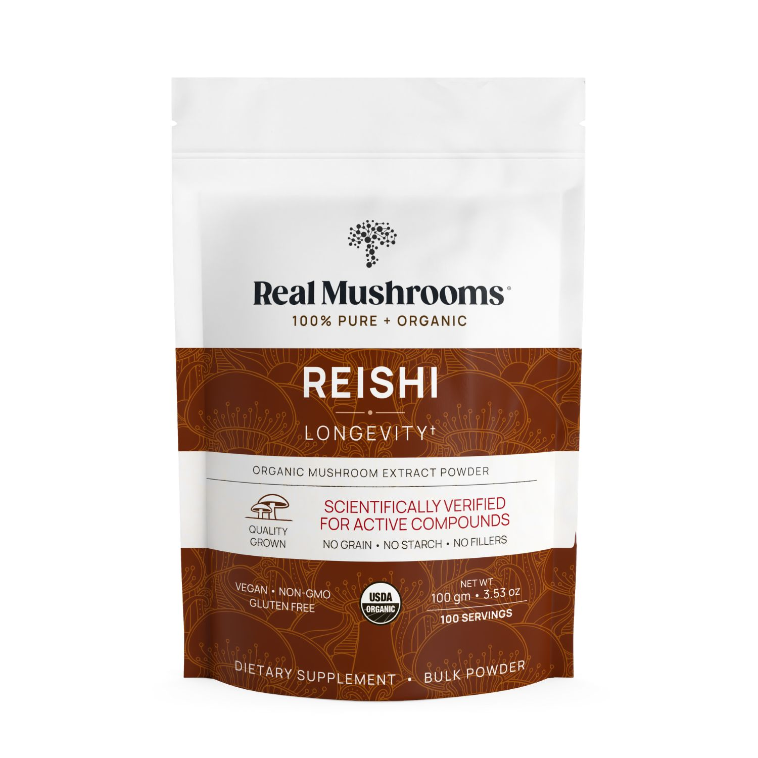 A white and brown pouch labeled "Real Mushrooms Organic Reishi Mushroom Powder – Bulk Extract" features dietary supplement info, beta-glucans content, and certification logos on the front.
