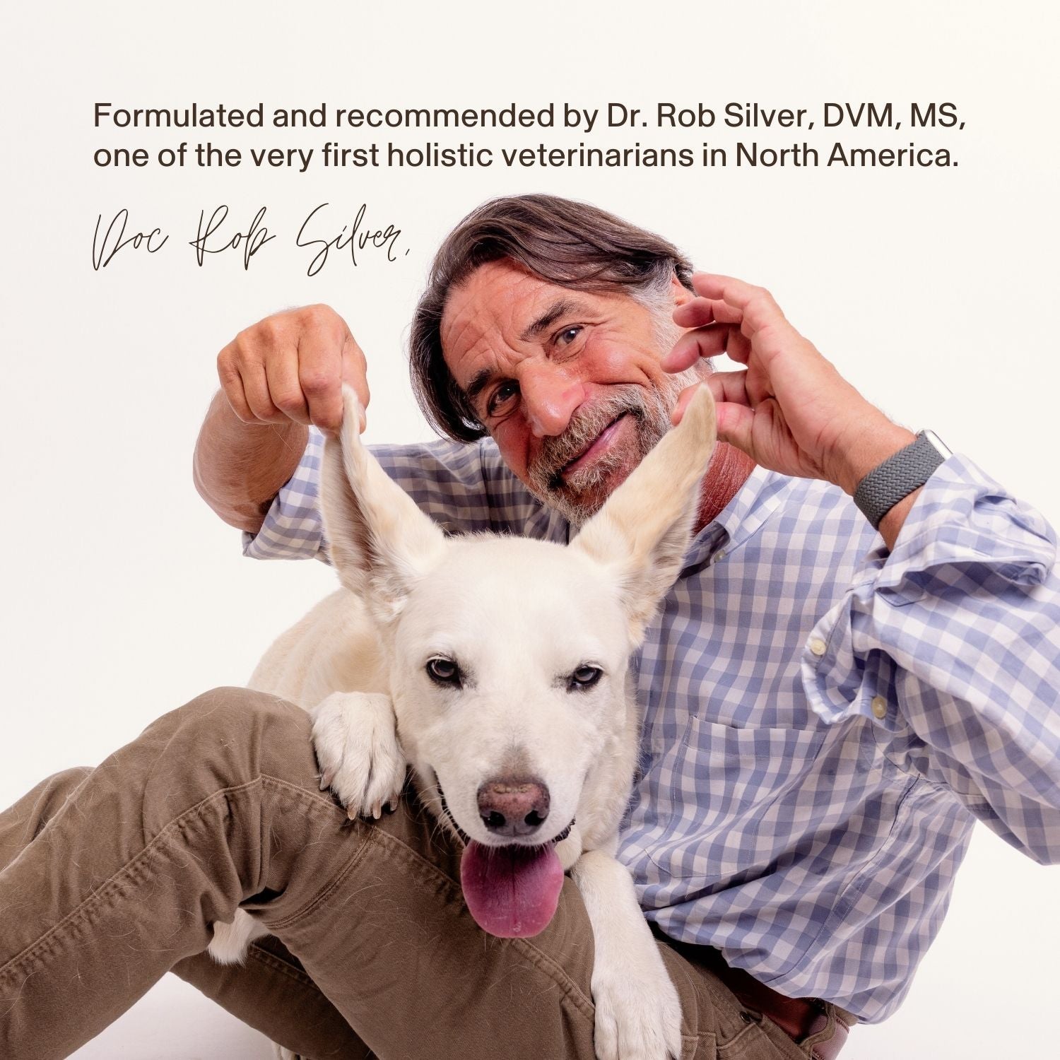 A man in a plaid shirt sits with a white dog, holding up its ears. Text above introduces Dr. Rob Silver, DVM, holistic vet, who discusses Real Mushrooms' Functional Feline Powder for cats and its immune support benefits.