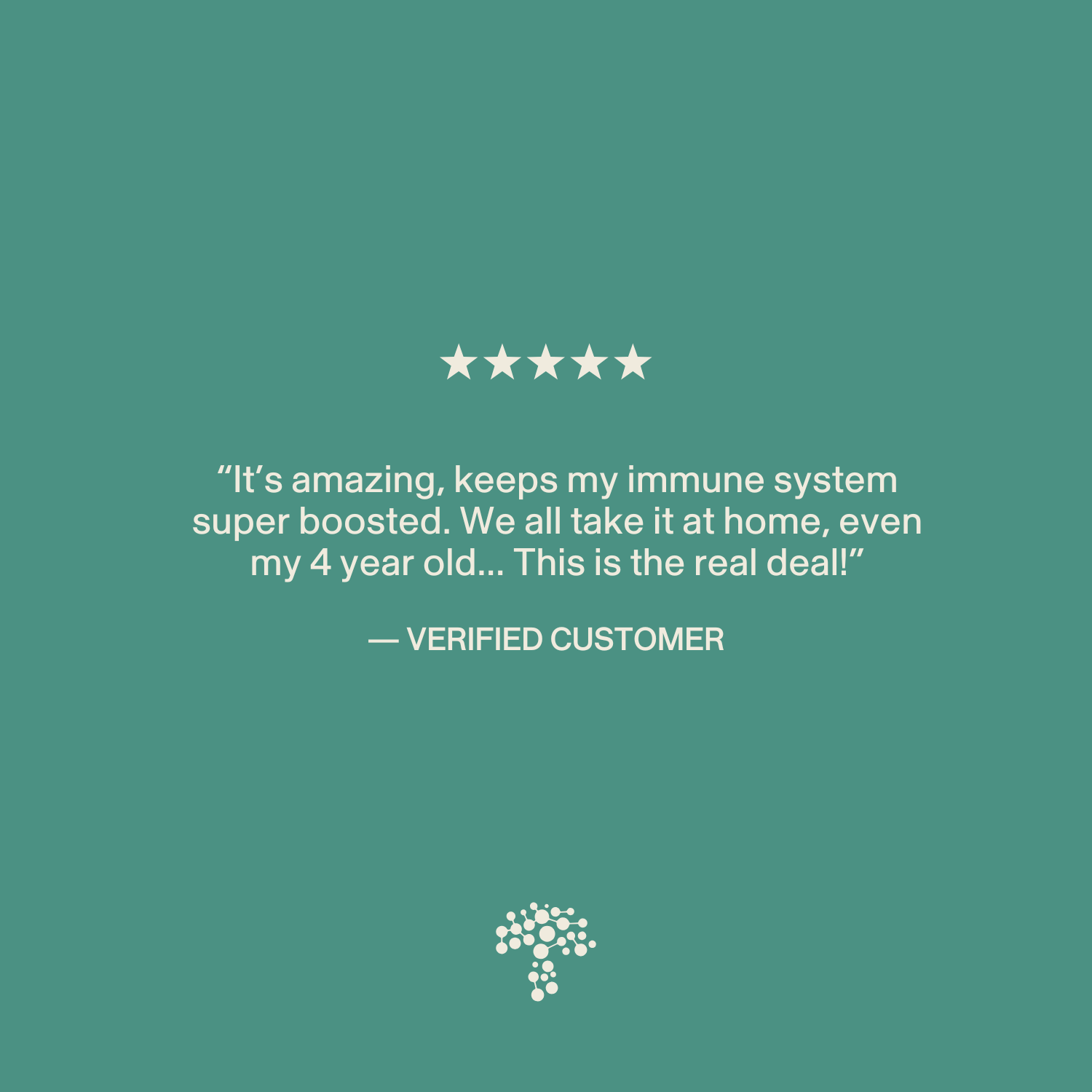 A five-star review praises Real Mushrooms 5 Defenders® Organic Mushroom Blend Capsules for boosting immune support for the whole family, including a 4-year-old, with verified customer attribution and tree logo shown.