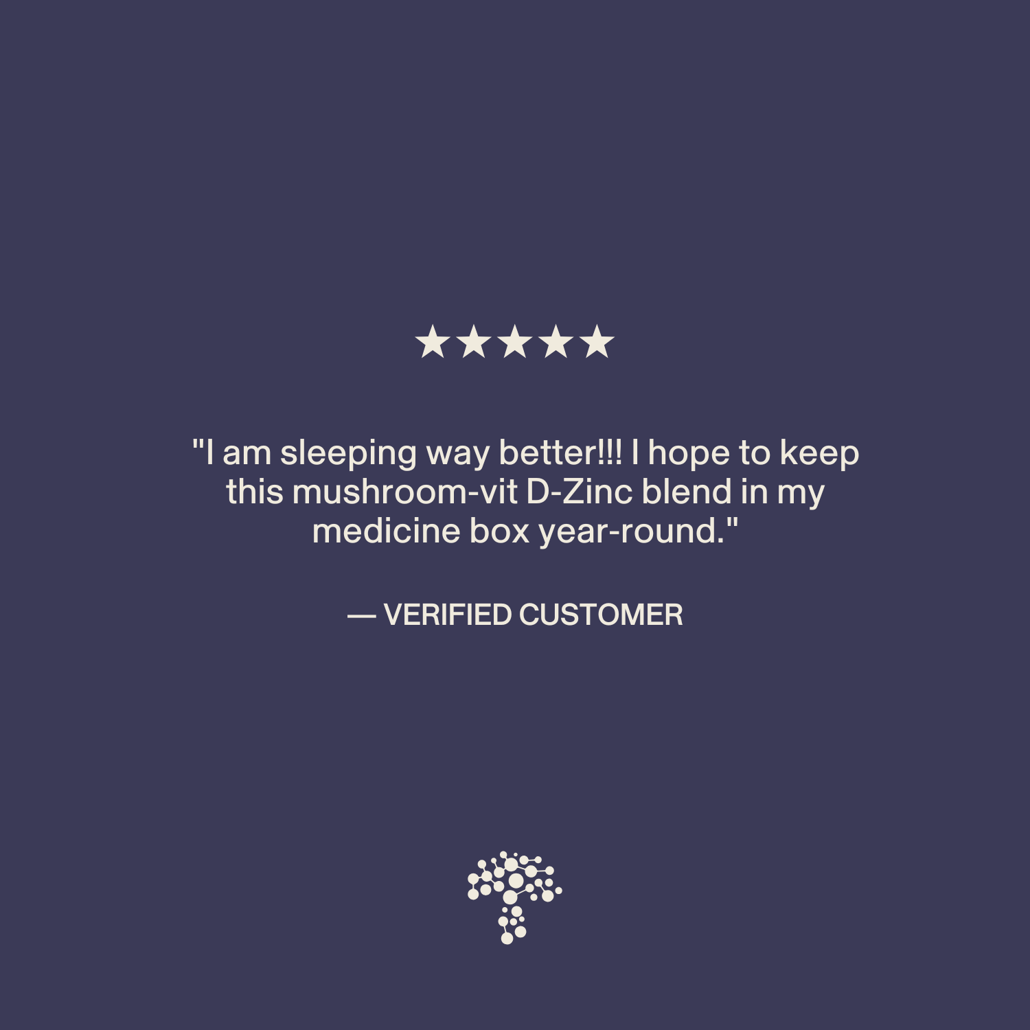 A five-star review says Real Mushrooms’ Mushroom D2Z supports immunity, improves sleep, and is a year-round medicine box staple; the Real Mushrooms logo is featured at the bottom.