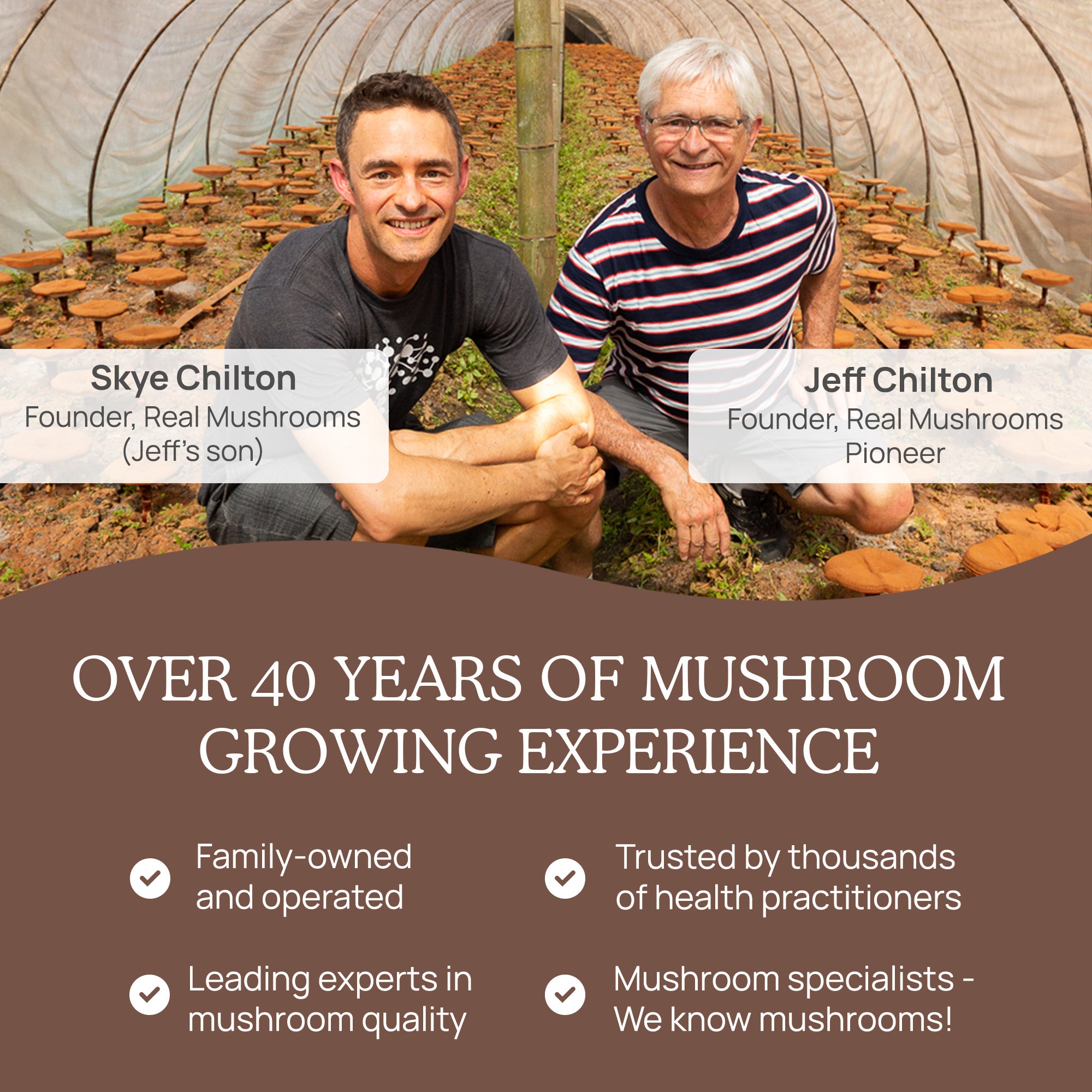 Two men inside a mushroom farm, identified as Skye Chilton and Jeff Chilton, both founders of Real Mushrooms. Text highlights 40+ years of experience, family ownership, their expertise in mushroom quality, and offering products like the Mushroom Chocolate Bar - 5 Pack that are USDA Certified Organic.