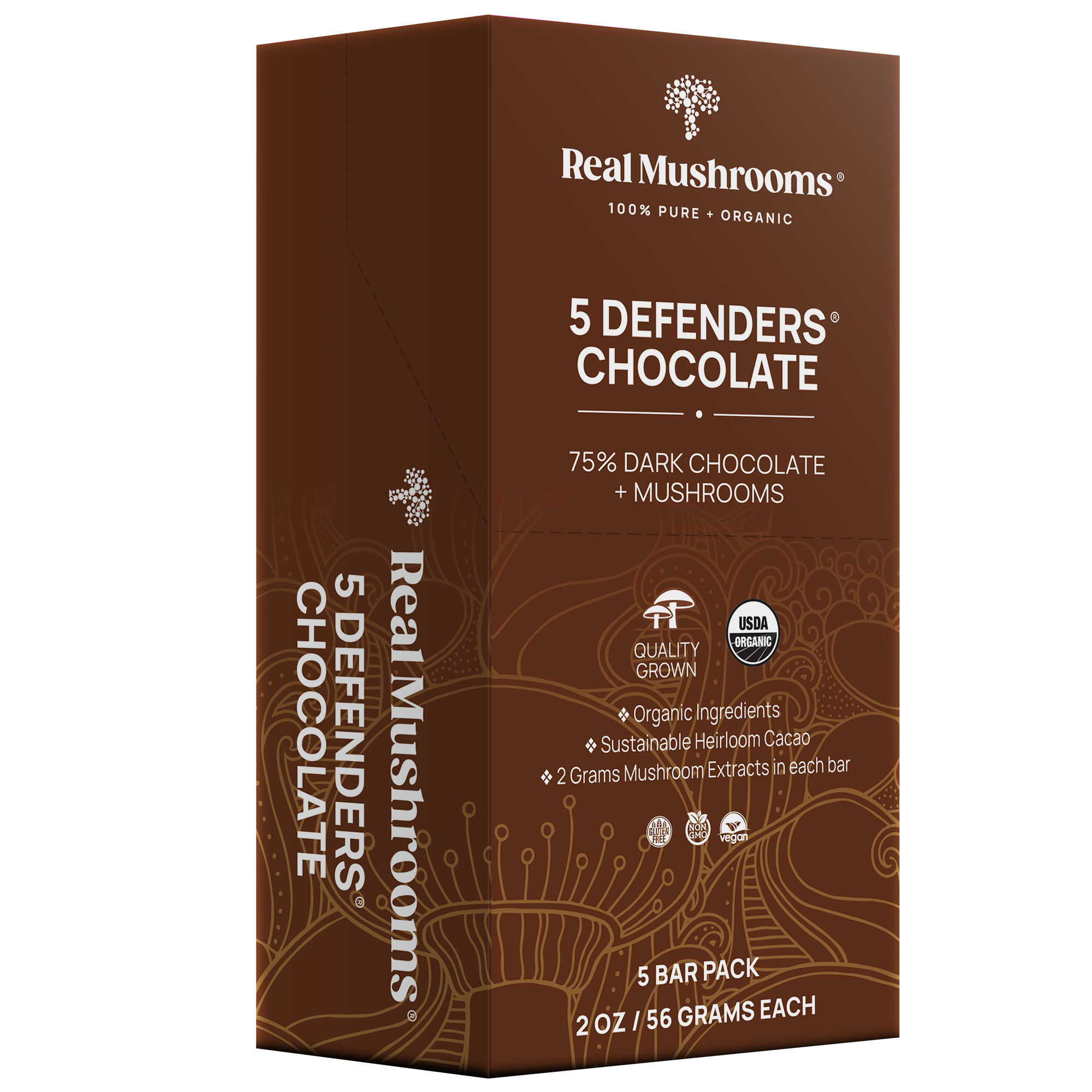 The Real Mushrooms Mushroom Chocolate Bar - 5 Pack includes five 2 oz bars, each made with 75% organic dark chocolate and functional mushrooms.