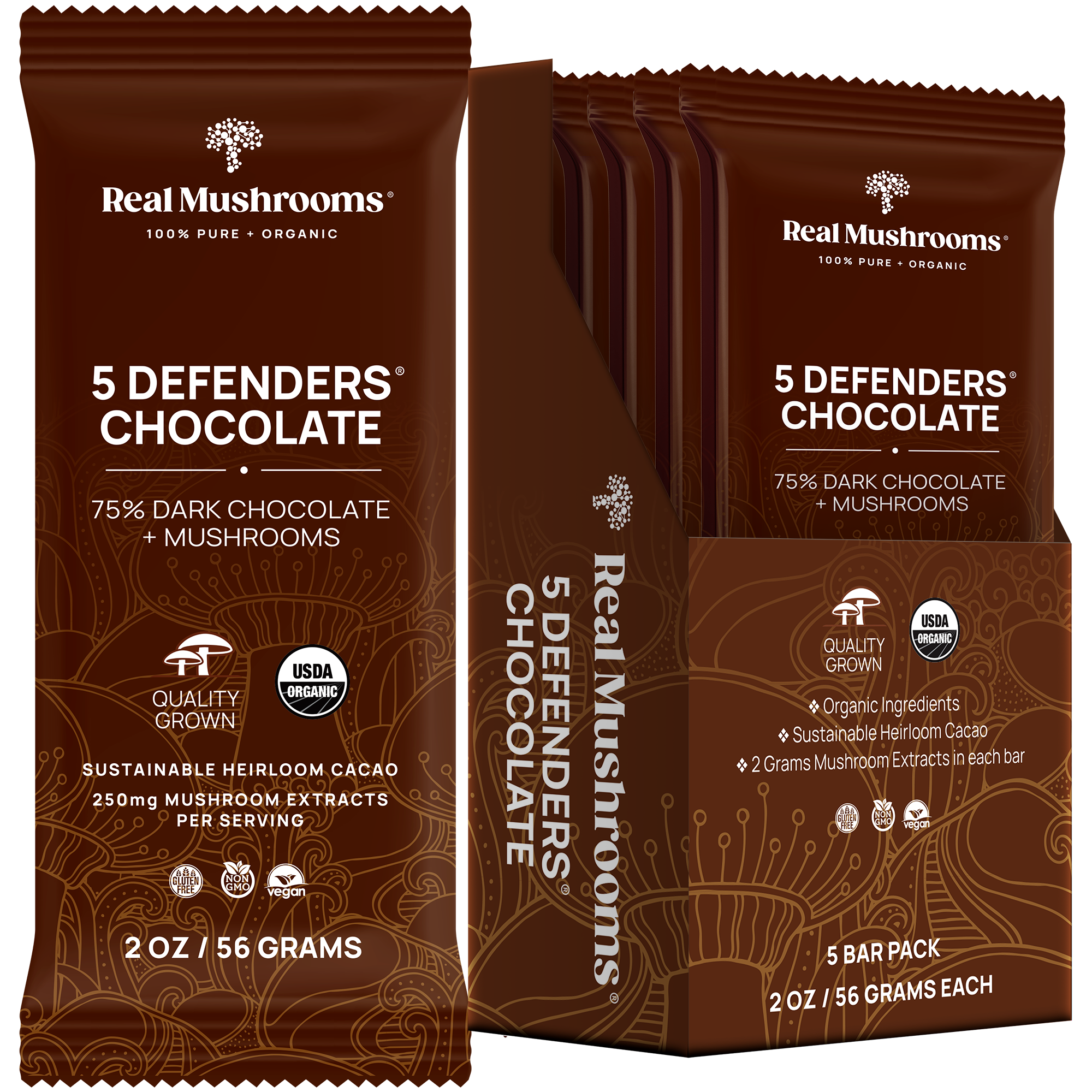 Real Mushrooms Mushroom Chocolate Bar - 5 Pack features 75% organic dark chocolate with functional mushrooms, USDA certified; each bar is 2 oz and the pack includes 5 bars.