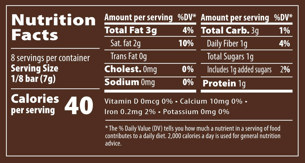 A brown nutrition facts label indicating details for an 8g serving of USDA Certified Organic Mushroom Chocolate Bar - 5 Pack by Real Mushrooms. Highlights include 40 calories, 4g total carbs, 3g total fat, 3g total sugars, 10mg sodium, and 1g protein per serving.