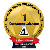 Gold ConsumerLab.com badge stating "#1 Top Rated Among Mushroom Products," with "4 Time Winner" and "Real Mushrooms 2025" on a red ribbon.