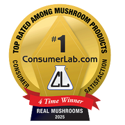 Gold ConsumerLab.com badge stating "#1 Top Rated Among Mushroom Products," with "4 Time Winner" and "Real Mushrooms 2025" on a red ribbon.