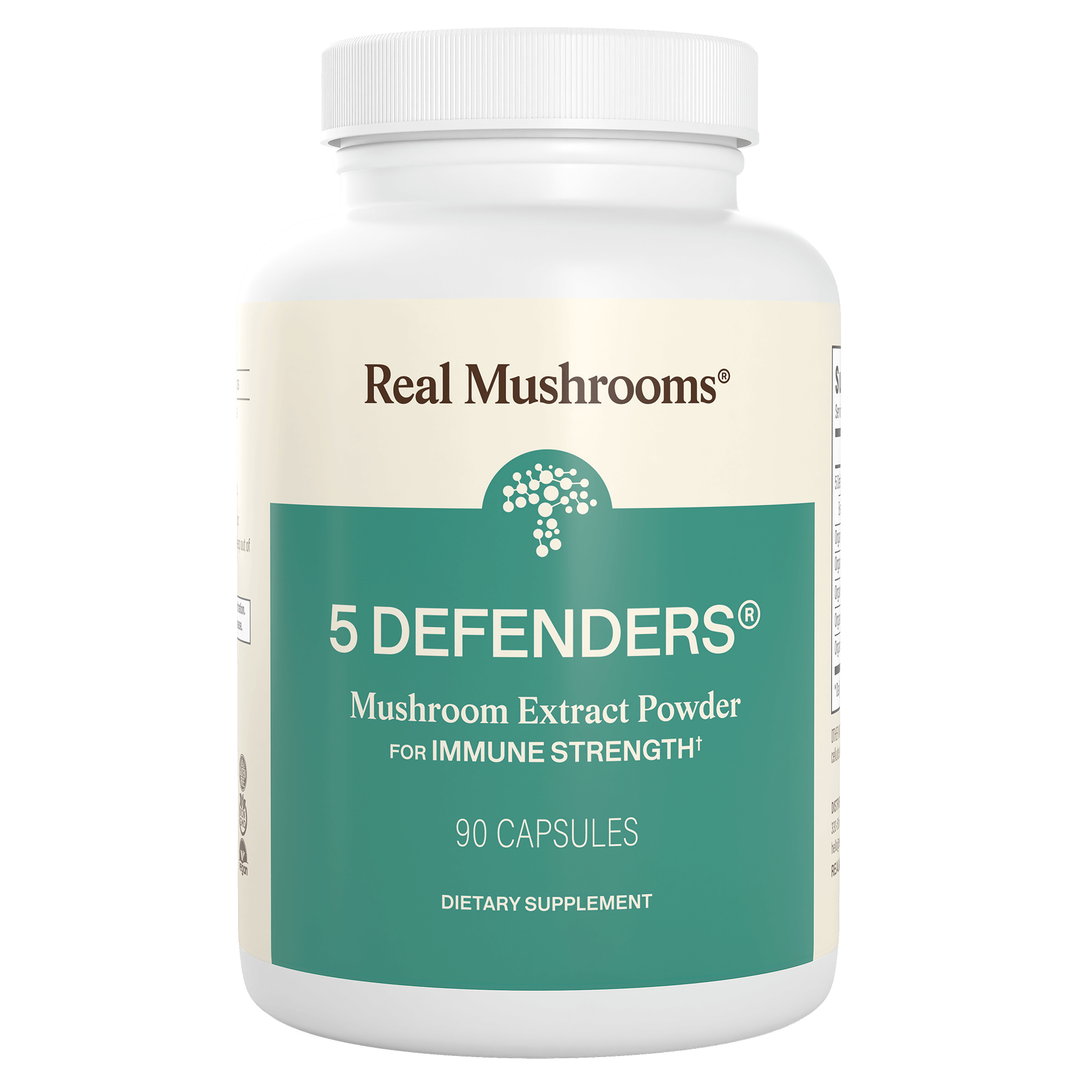 A white bottle labeled "5 Defenders® Organic Mushroom Blend Capsules" by Real Mushrooms, featuring a powerful mushroom complex with 90 capsules for immune support.
