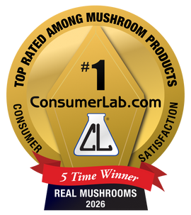 Gold badge with ConsumerLab.com logo and text about mushroom products, awarded by ConsumerLab.com.