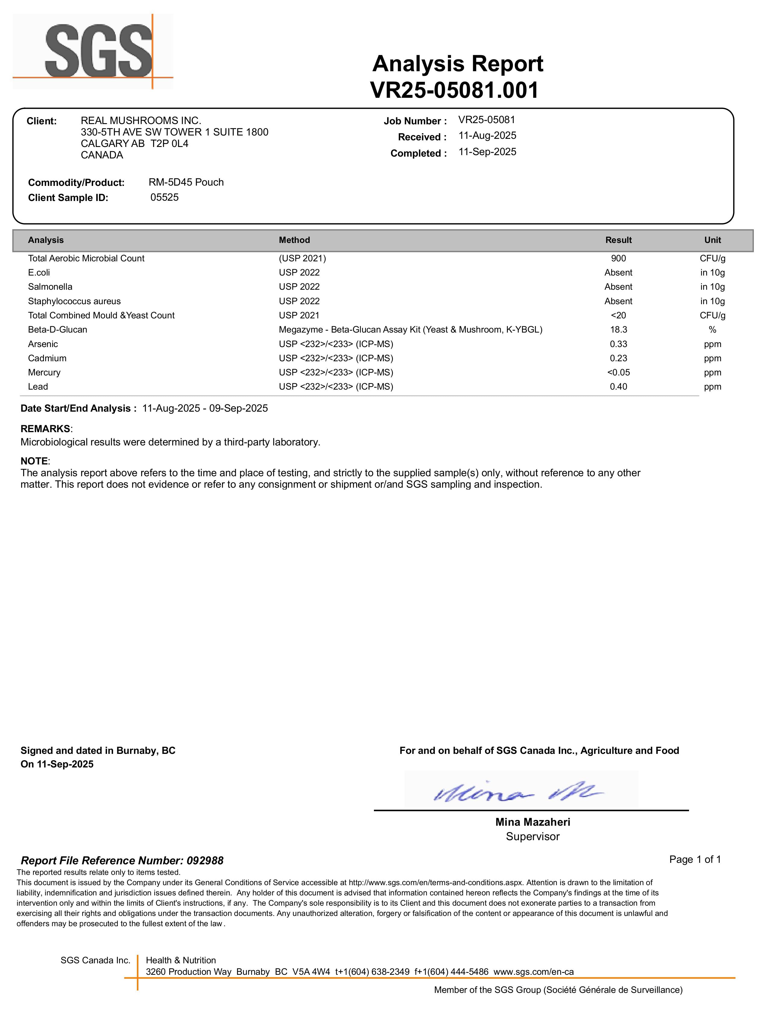 A laboratory analysis report for a mushroom sample, listing tested parameters, results, methods, and the authorized signatory from SGS Canada Inc., dated September 11, 2025.