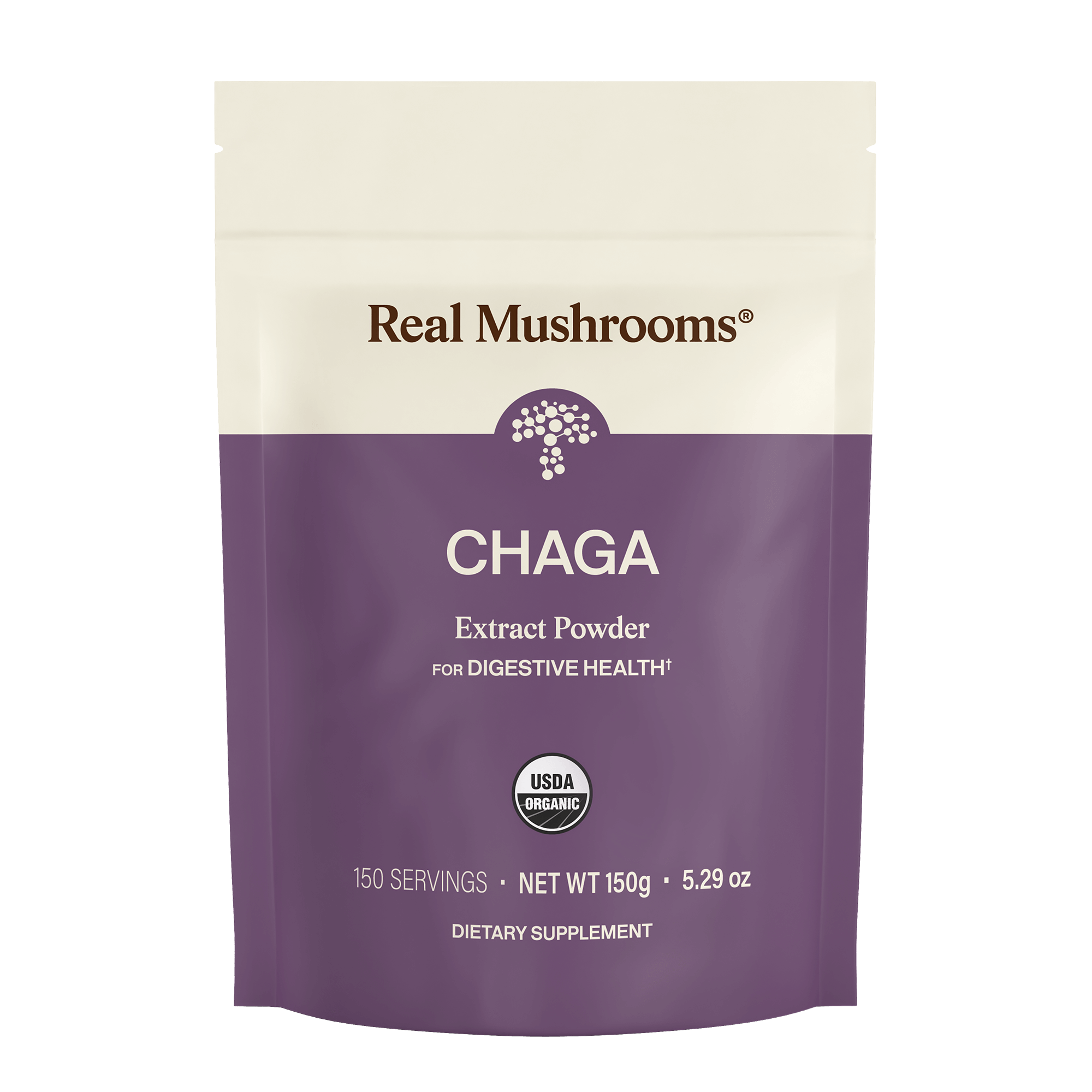 A 150g pouch of Real Mushrooms Organic Chaga Extract Powder, USDA Organic dietary supplement, supports digestive health and immunity; contains 150 servings.