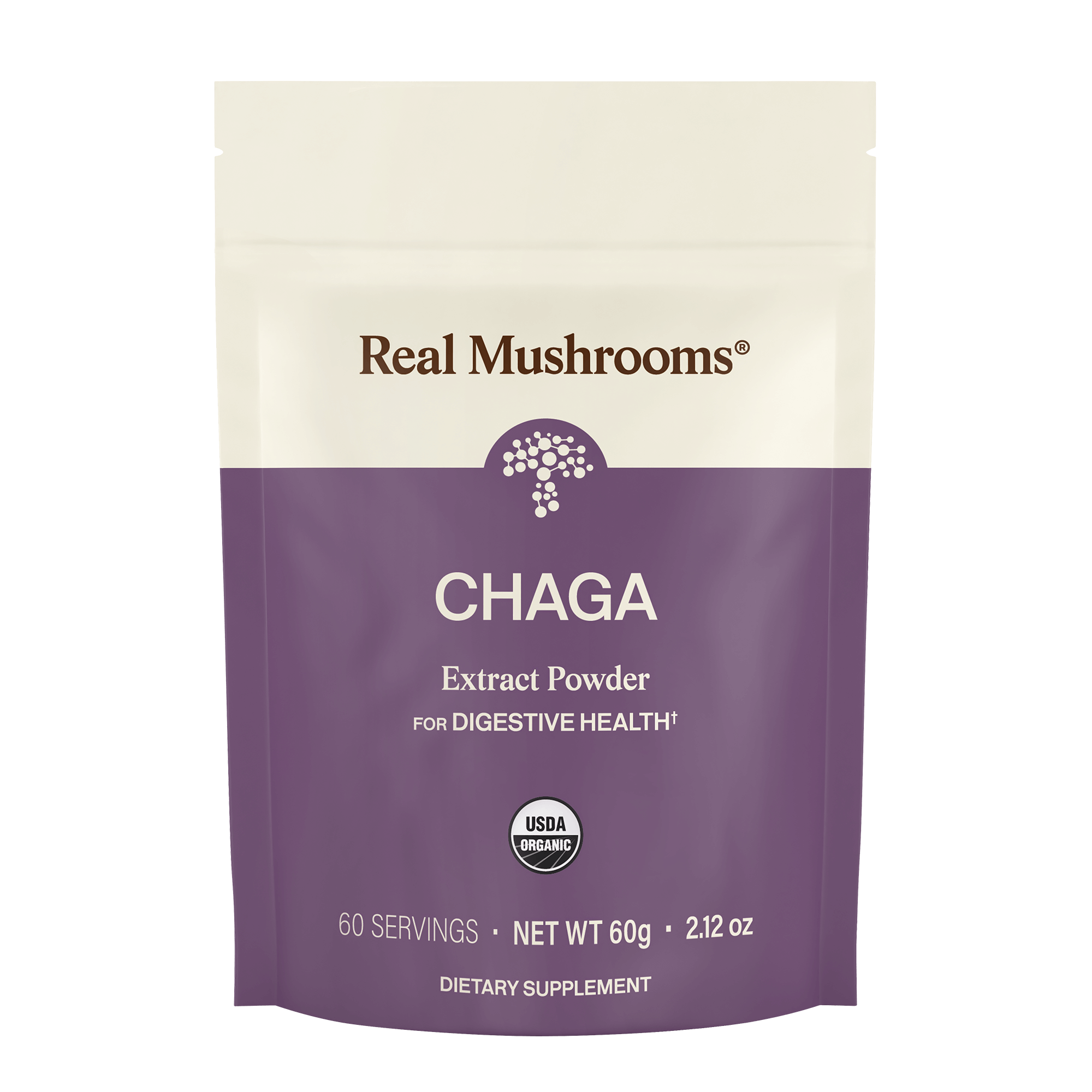 Real Mushrooms Organic Chaga Extract Powder, USDA organic dietary supplement for digestive health and immune support; 60 servings per 60g (2.12 oz) package.