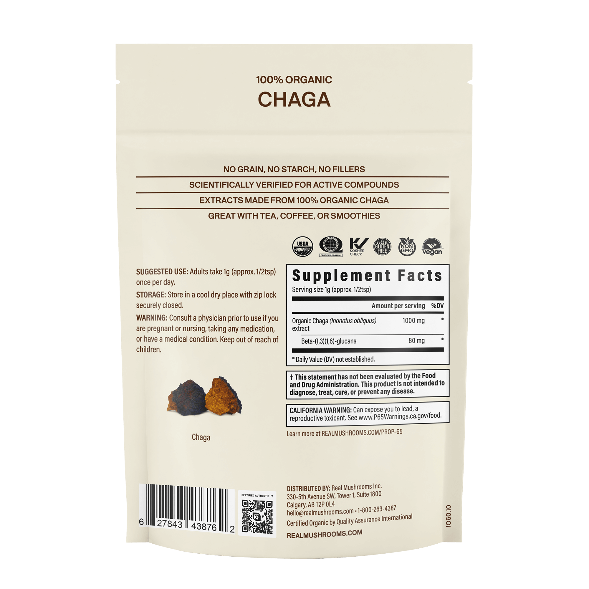 A white bag with black text and brown accents, featuring Real Mushrooms Organic Chaga Extract Powder for natural immune support.
