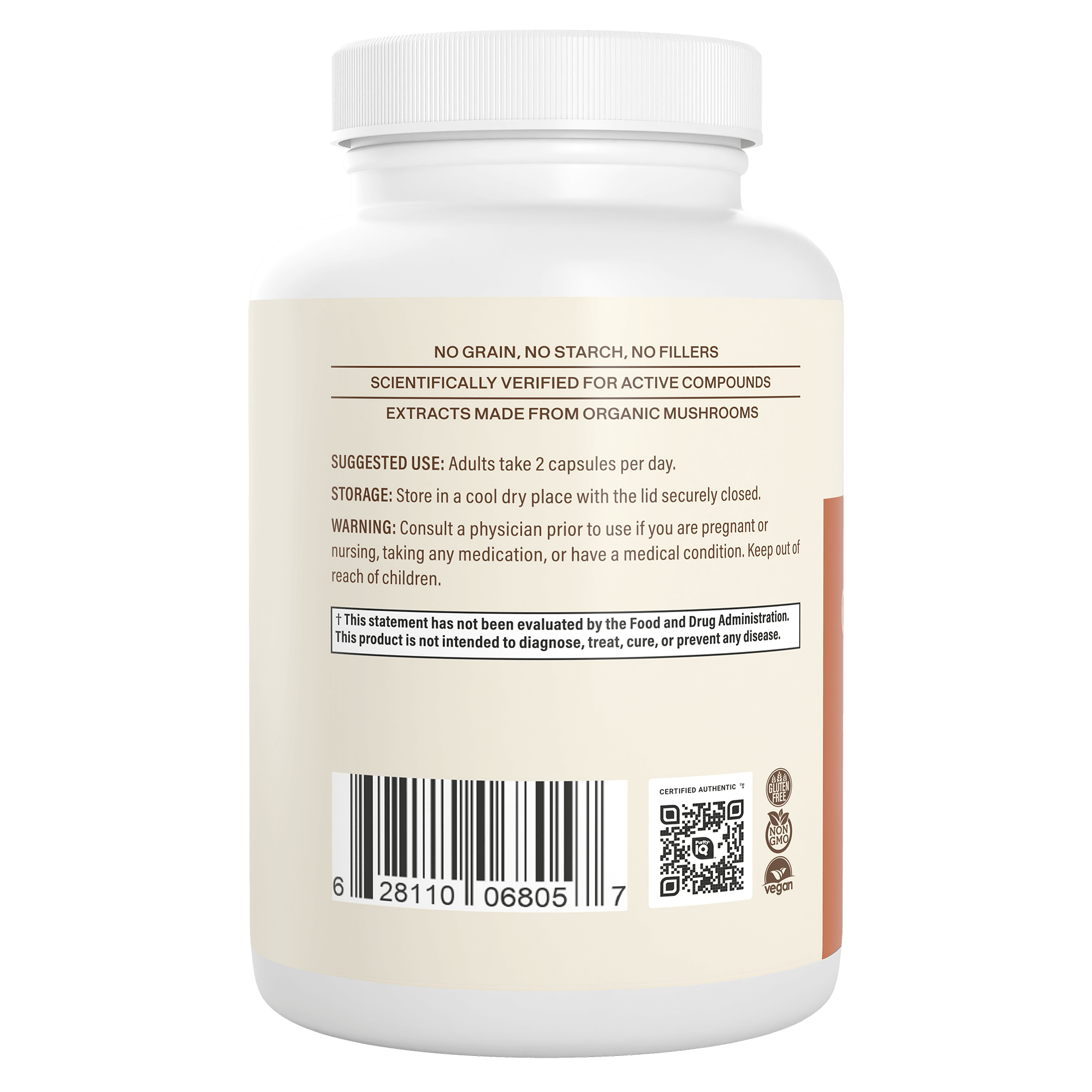 Back label of Real Mushrooms Organic Cordyceps-M® Extract Capsules shows usage, storage, warning, barcode, and mentions organic mushroom extracts like Cordyceps for energy support.