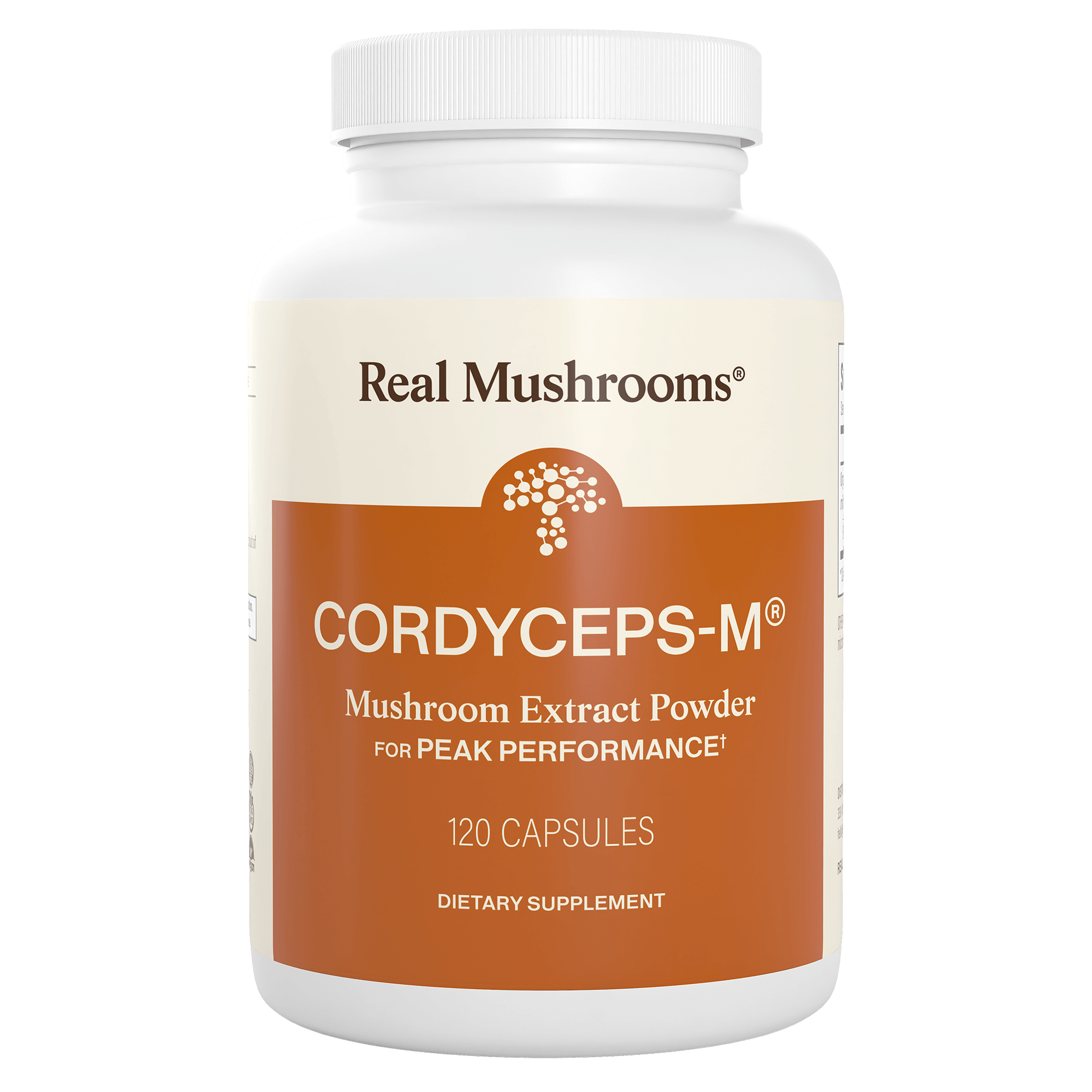 A white bottle labeled "Organic Cordyceps-M® Extract Capsules" by Real Mushrooms, containing 120 capsules for energy support and stamina.