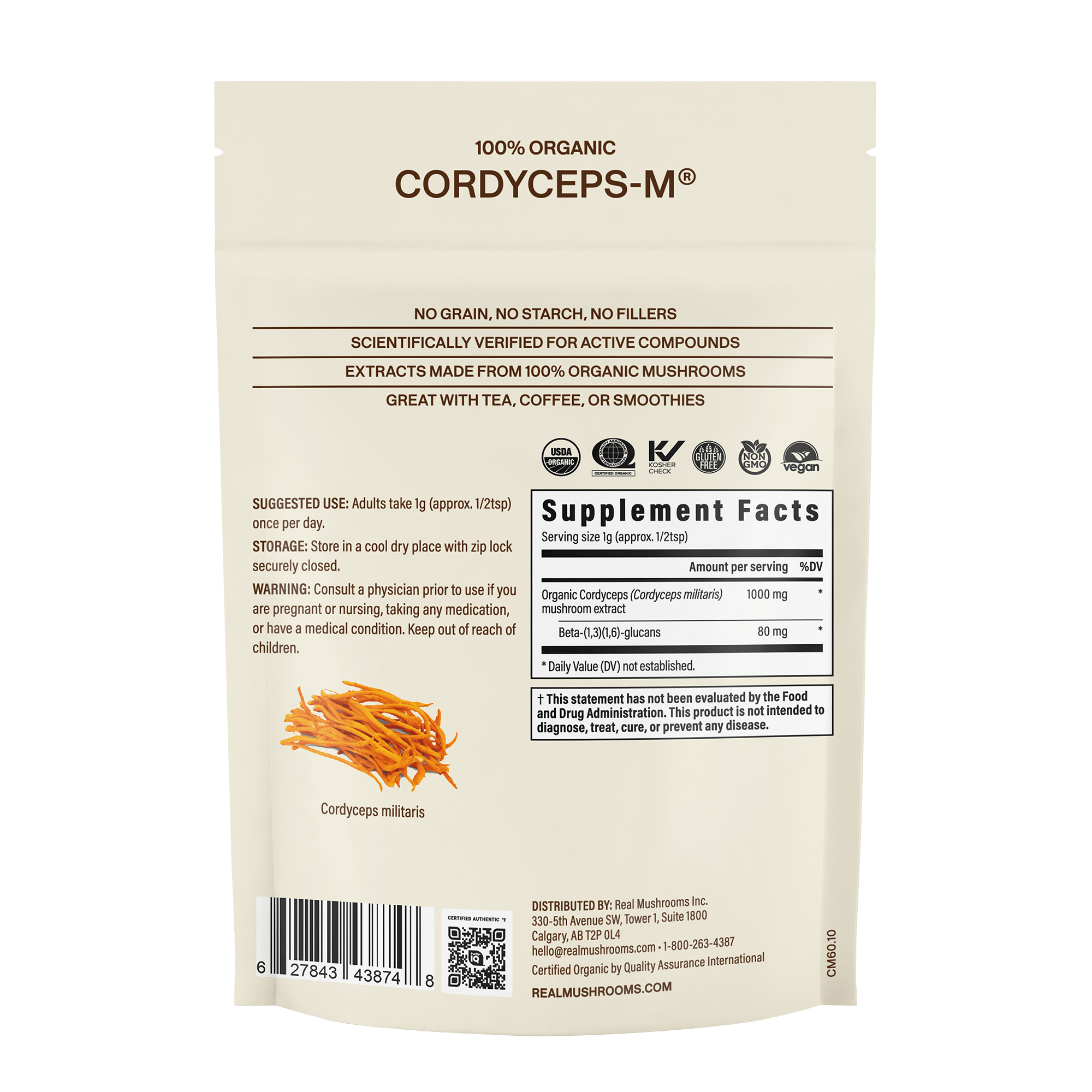 Back of a Real Mushrooms Organic Cordyceps-M® Mushroom Extract Powder – Bulk Supplement package showing product info, usage directions, supplement facts, and an image of Cordyceps militaris for energy support.