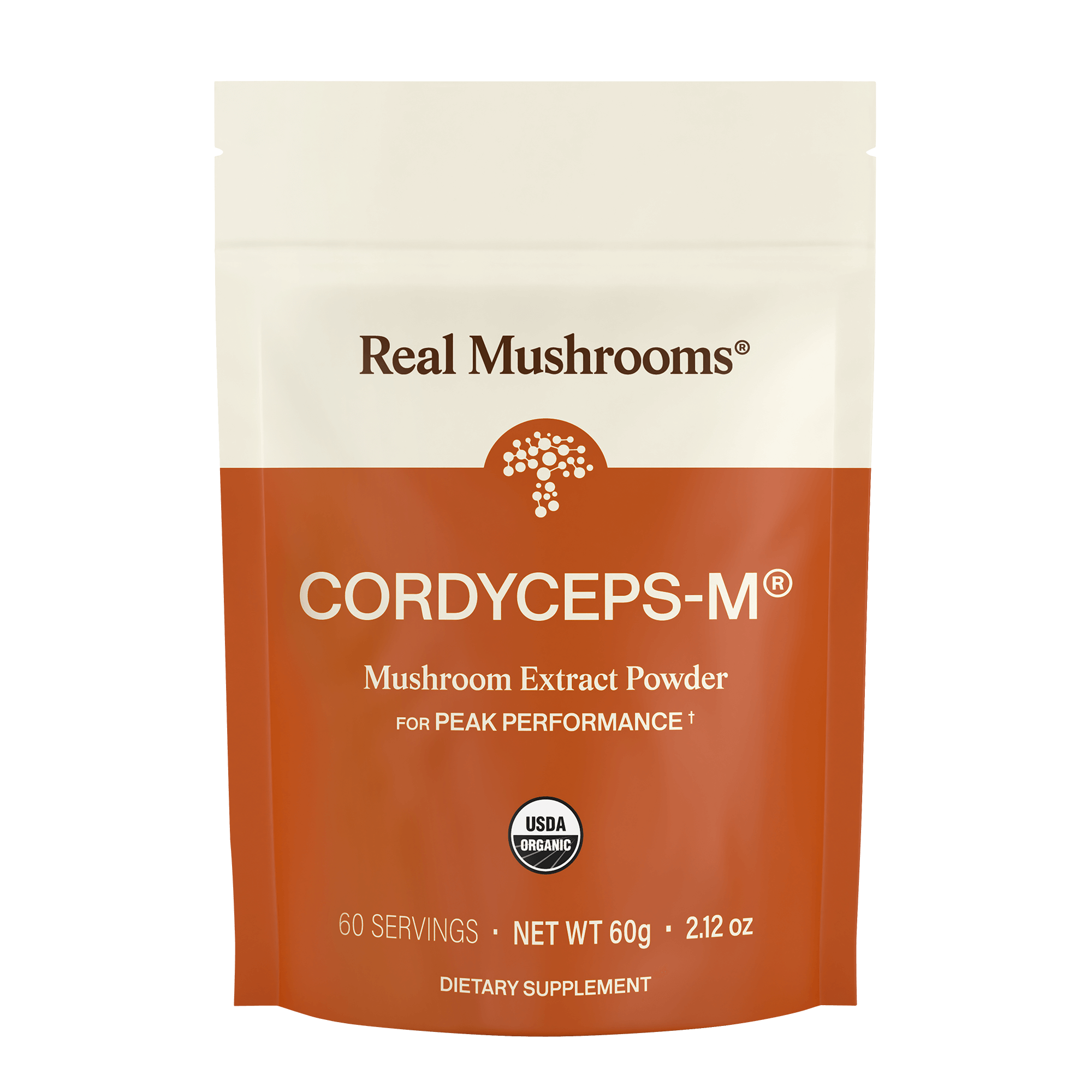 A 60g pouch of Real Mushrooms Organic Cordyceps-M® Mushroom Extract Powder – Bulk Supplement, USDA organic certified, with 60 servings of Cordyceps militaris to support energy.
