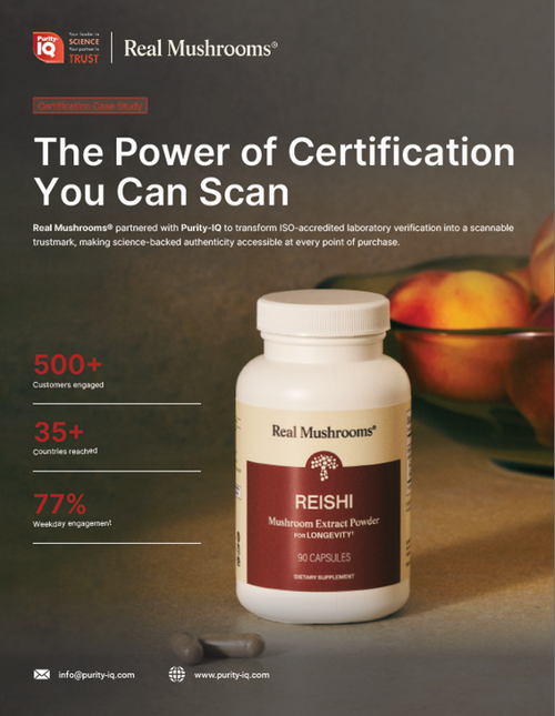 A bottle of Real Mushrooms Reishi capsules on a table, with text highlighting certification benefits, user stats, and contact information on a brown background.