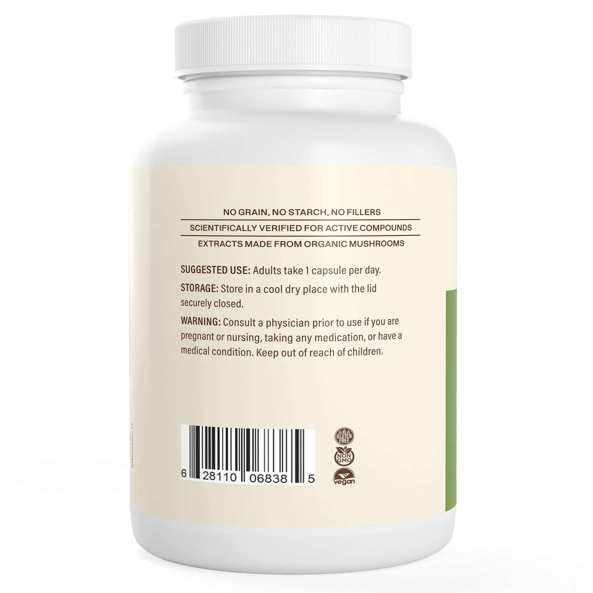 The Ergo+ Ergothioneine Supplement by Real Mushrooms comes in a bottle with vegan and recyclable symbols. Adults take 1 capsule daily. Store cool and dry. Contains L-ergothioneine from golden oyster mushrooms. Consult your physician if pregnant, nursing, or on medication.