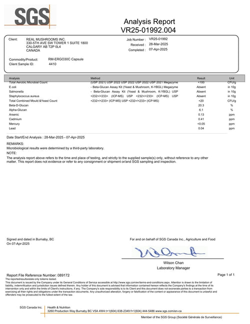 Analysis report document for Real Mushrooms, detailing microbiological and heavy metals test results for RM-FRG900C capsule blend; all results indicate "Absent" or "Complies.