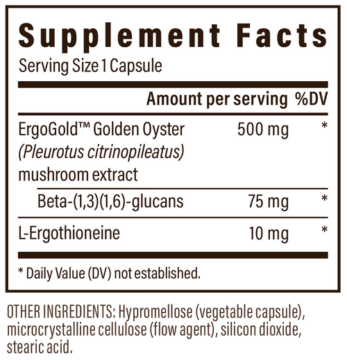 Supplement facts label shows serving size of 1 capsule with Golden Oyster mushroom extract (500 mg), beta-glucans (75 mg), L-ergothioneine (10 mg), and other listed ingredients.