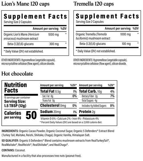 Supplement facts labels for Lion's Mane and Tremella capsules, and nutrition facts for hot chocolate; ingredients and allergen statements included at the bottom.