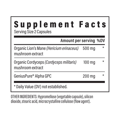 Supplement Facts label showing serving size of 2 capsules with Lion’s Mane 500 mg, Cordyceps 100 mg, and Alpha GPC 200 mg; other ingredients listed below.