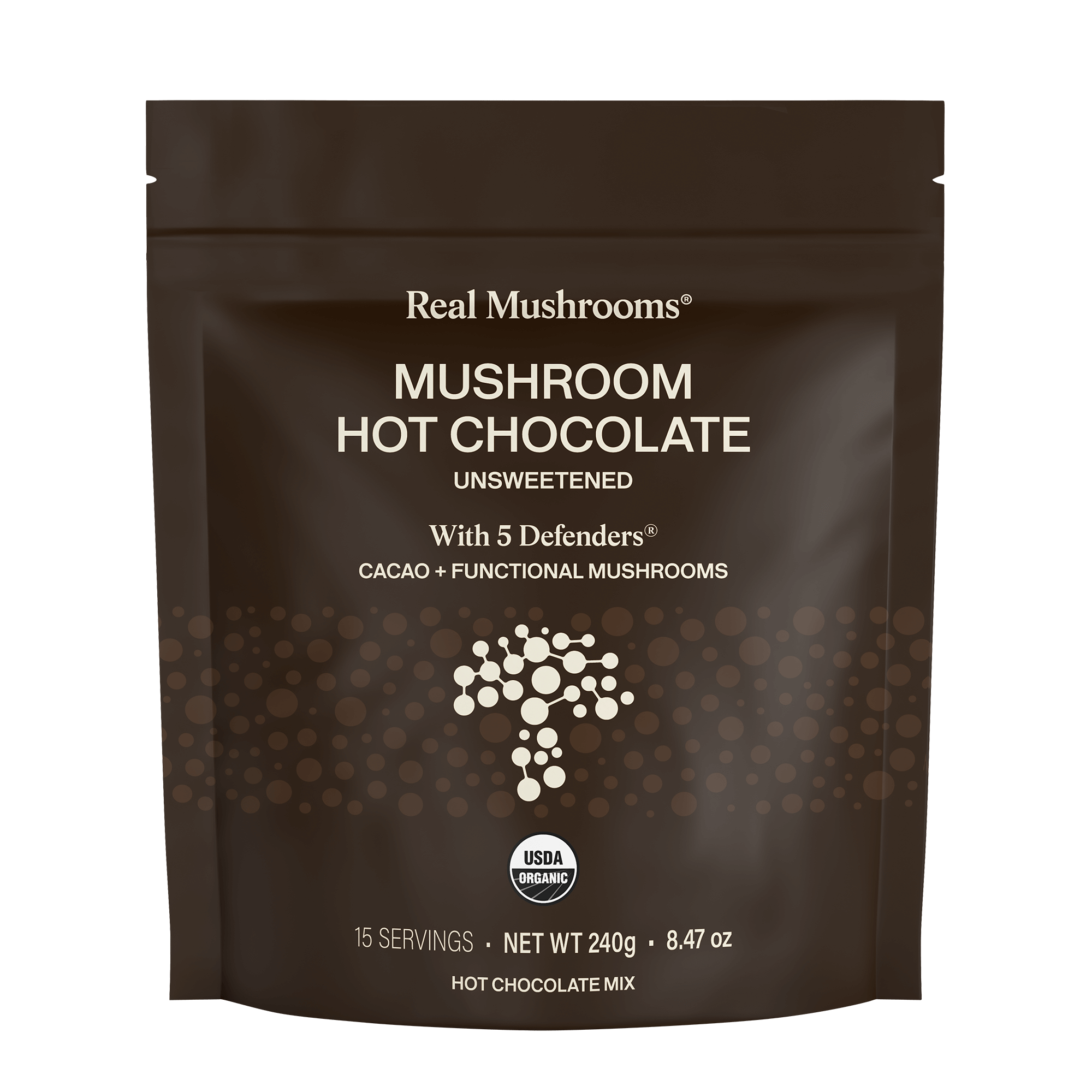 Front of a brown bag labeled "Real Mushrooms Mushroom Hot Chocolate Mix" featuring 5 mushroom types, heirloom cacao, organic extract, vegan, and organic certification. Net weight: 240g (8.47 oz), 15 servings.