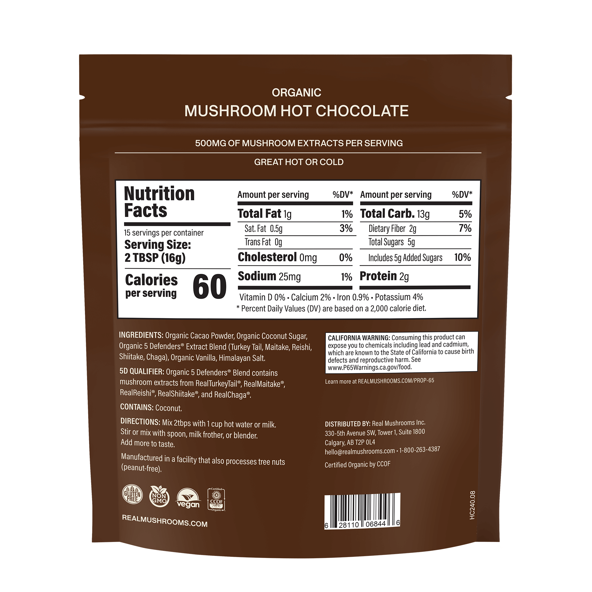 A packet of Real Mushrooms Mushroom Hot Chocolate Mix displays nutrition facts, ingredients like organic mushroom extract and cacao powder, and product details on the back label.