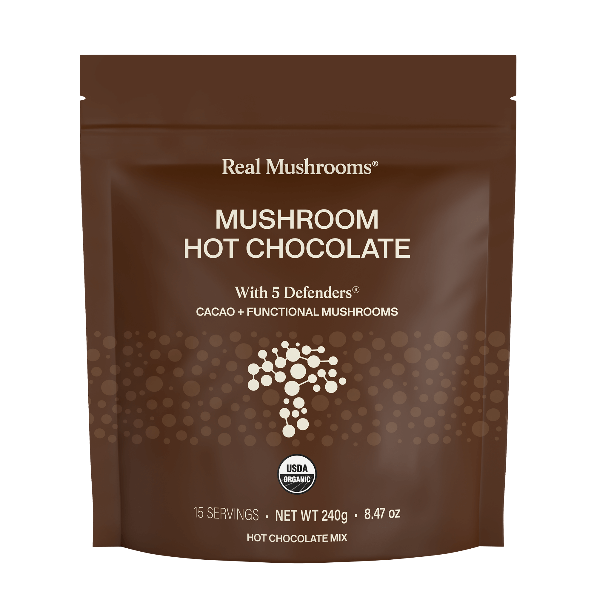 A brown resealable pouch labeled "Real Mushrooms Mushroom Hot Chocolate Mix" contains cacao powder and organic mushroom extract. It's vegan, offers 15 servings, and weighs 240g (8.47 oz).
