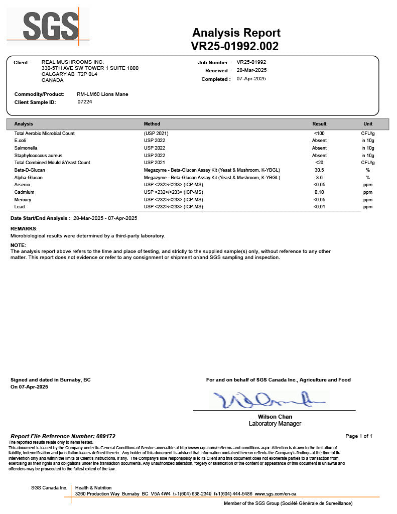 SGS analysis report for REAL MUSHROOMS INC. shows test results for minerals, arsenic, heavy metals, and microbiological contaminants in a sample of Lion’s Mane mushrooms, all within safe limits.