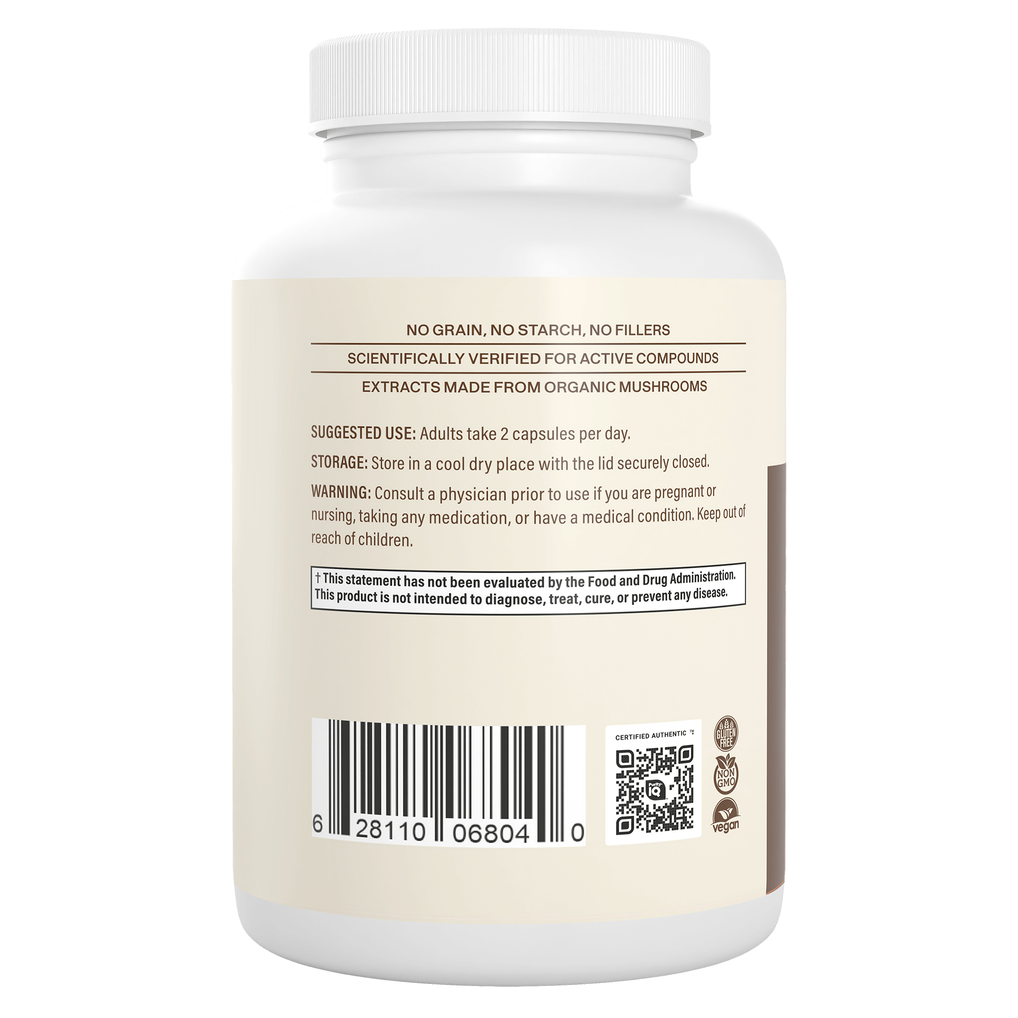 Back label of Real Mushrooms Organic Lion's Mane Extract Capsules shows usage directions, storage instructions, brain health warnings, and a barcode. Contains organic mushrooms including Lion’s Mane.