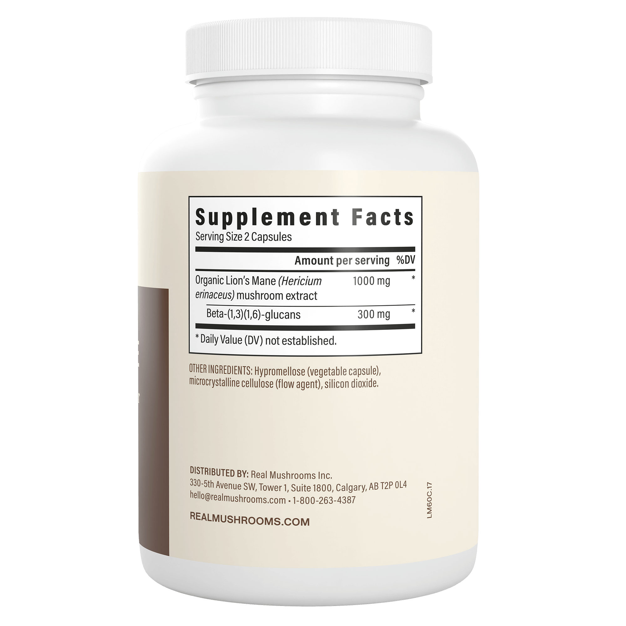 A white bottle labeled "Supplement Facts" shows details for Real Mushrooms Organic Lion's Mane Extract Capsules, listing ingredients and distributor info on the side—ideal for supporting brain health.