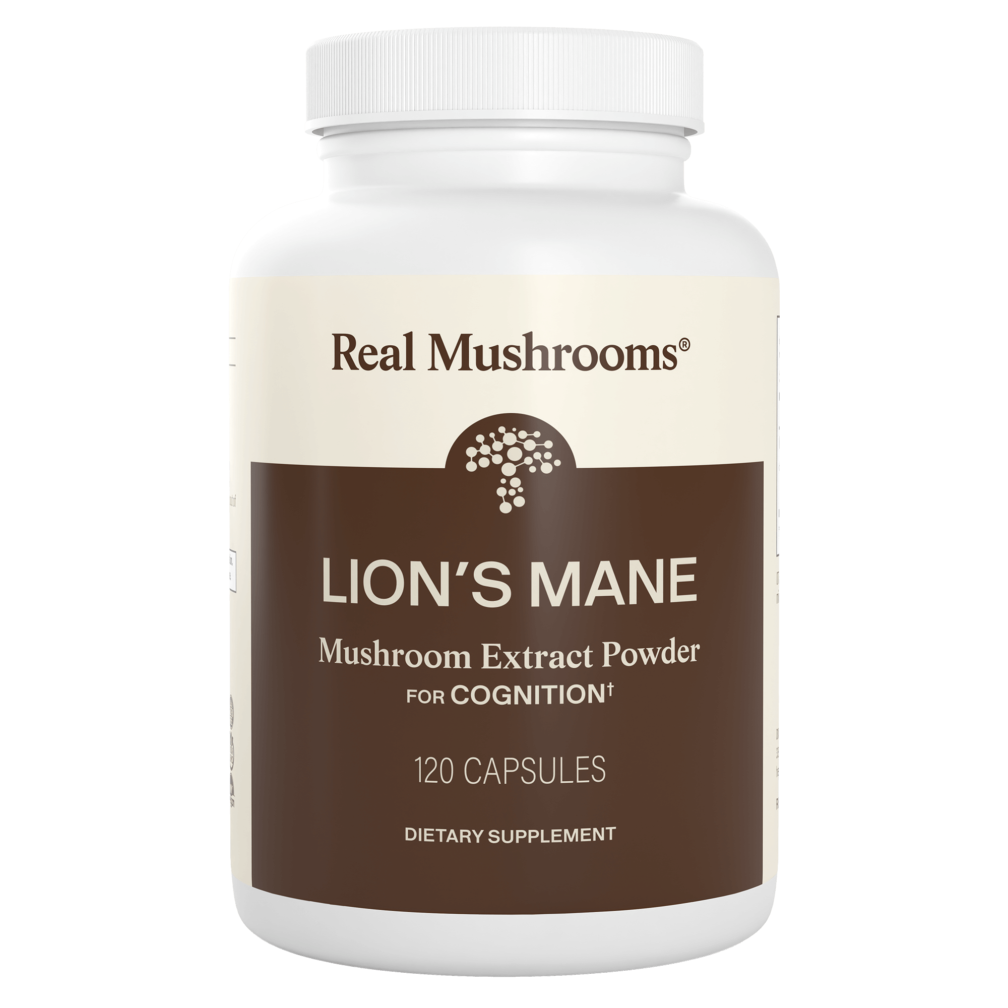 A white "Real Mushrooms" bottle labeled "Organic Lion's Mane Extract Capsules, 120 count," featuring organic mushrooms and beta-glucans as a dietary supplement for cognition.