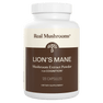 A white "Real Mushrooms" bottle labeled "Organic Lion's Mane Extract Capsules, 120 count," featuring organic mushrooms and beta-glucans as a dietary supplement for cognition.