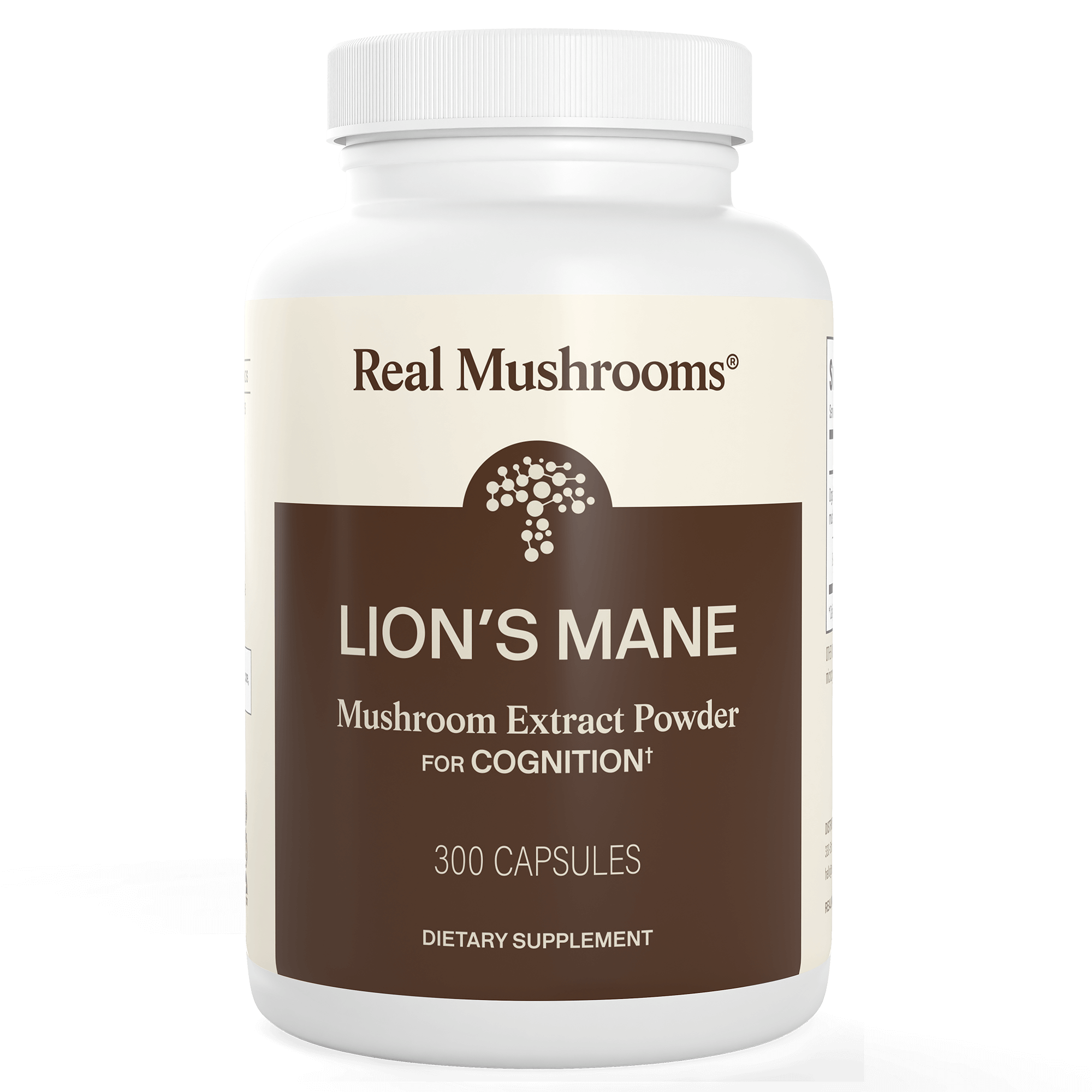 A white bottle labeled "Real Mushrooms Organic Lion's Mane Extract Capsules" contains 300 capsules, made from organic mushrooms and marketed as a dietary supplement.