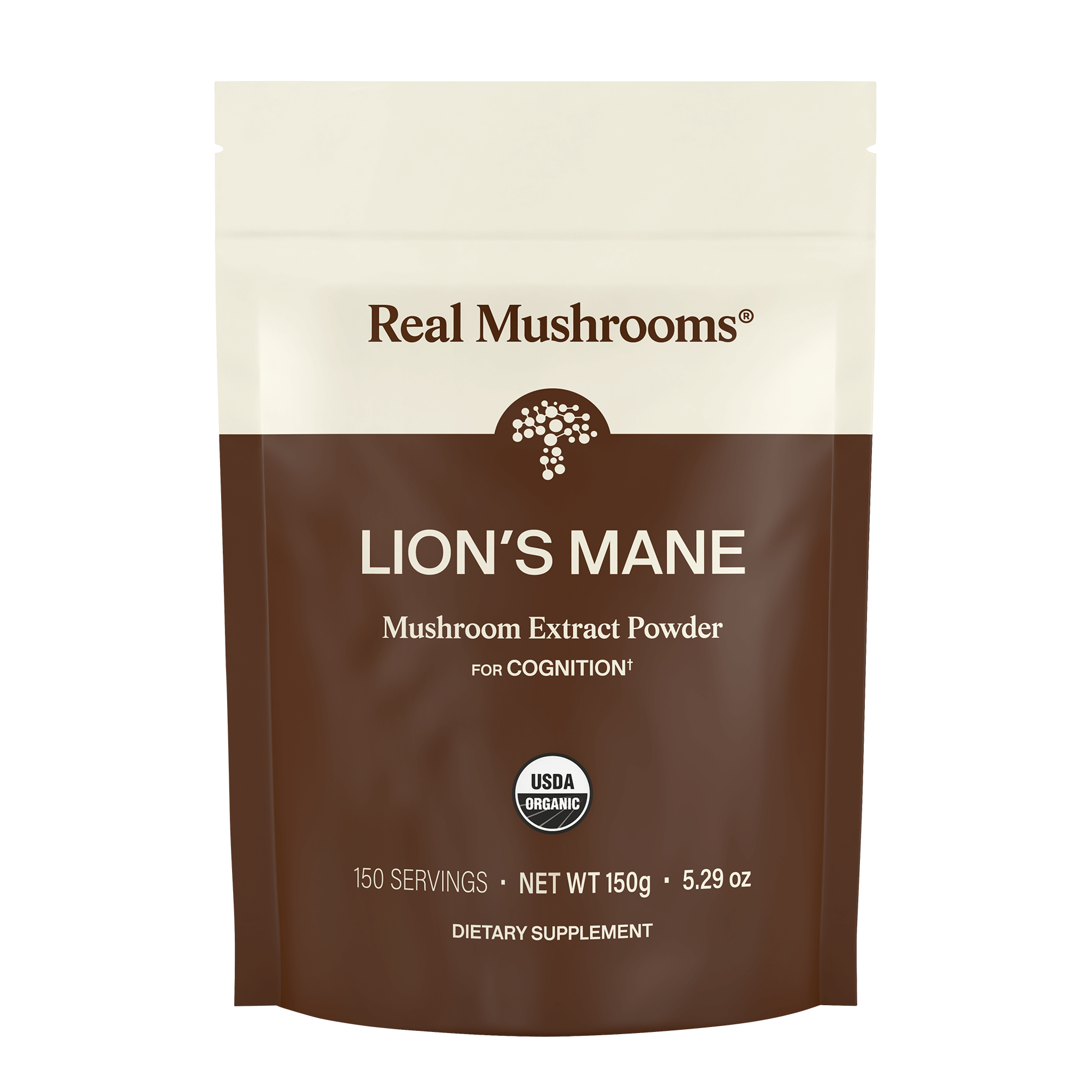 Front of a package labeled "Real Mushrooms Lion’s Mane Mushroom Powder," featuring organic powder for cognition and immune health, 150g net weight, 150 servings, dietary supplement.