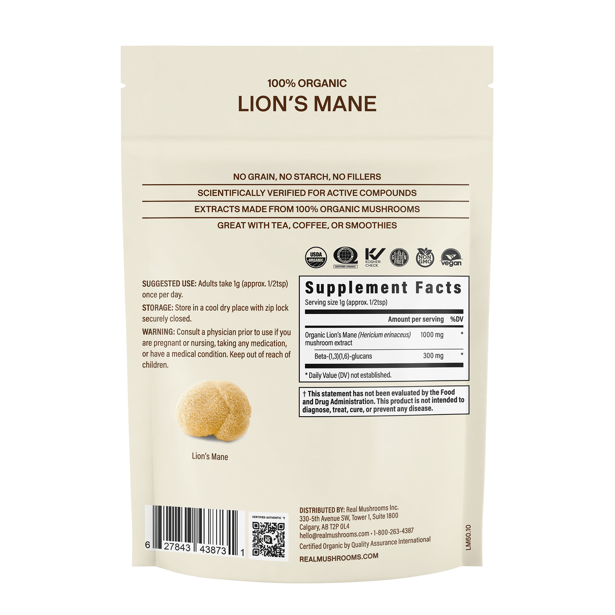 Back of a Real Mushrooms Lion’s Mane Mushroom Powder package showing supplement facts, suggested use, and product info in black text on a cream background to support immune health.