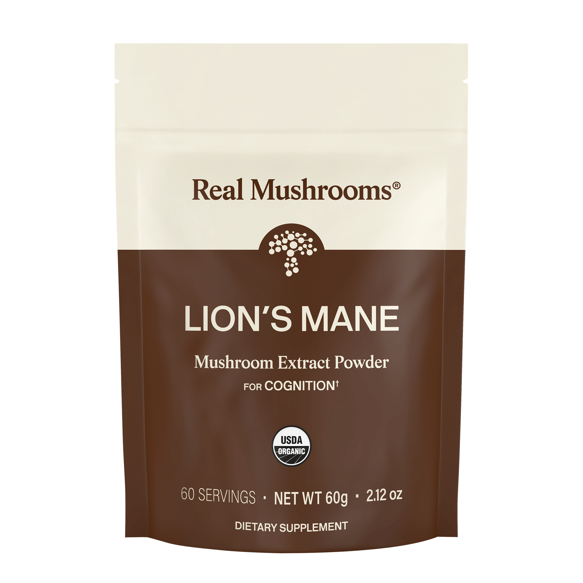 A brown and beige pouch labeled "Real Mushrooms Lion’s Mane Mushroom Powder" features immune health support, is USDA organic certified, contains 60 servings, and has a net weight of 60g (2.12 oz).