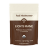 A brown and beige pouch labeled "Real Mushrooms Lion’s Mane Mushroom Powder" features immune health support, is USDA organic certified, contains 60 servings, and has a net weight of 60g (2.12 oz).