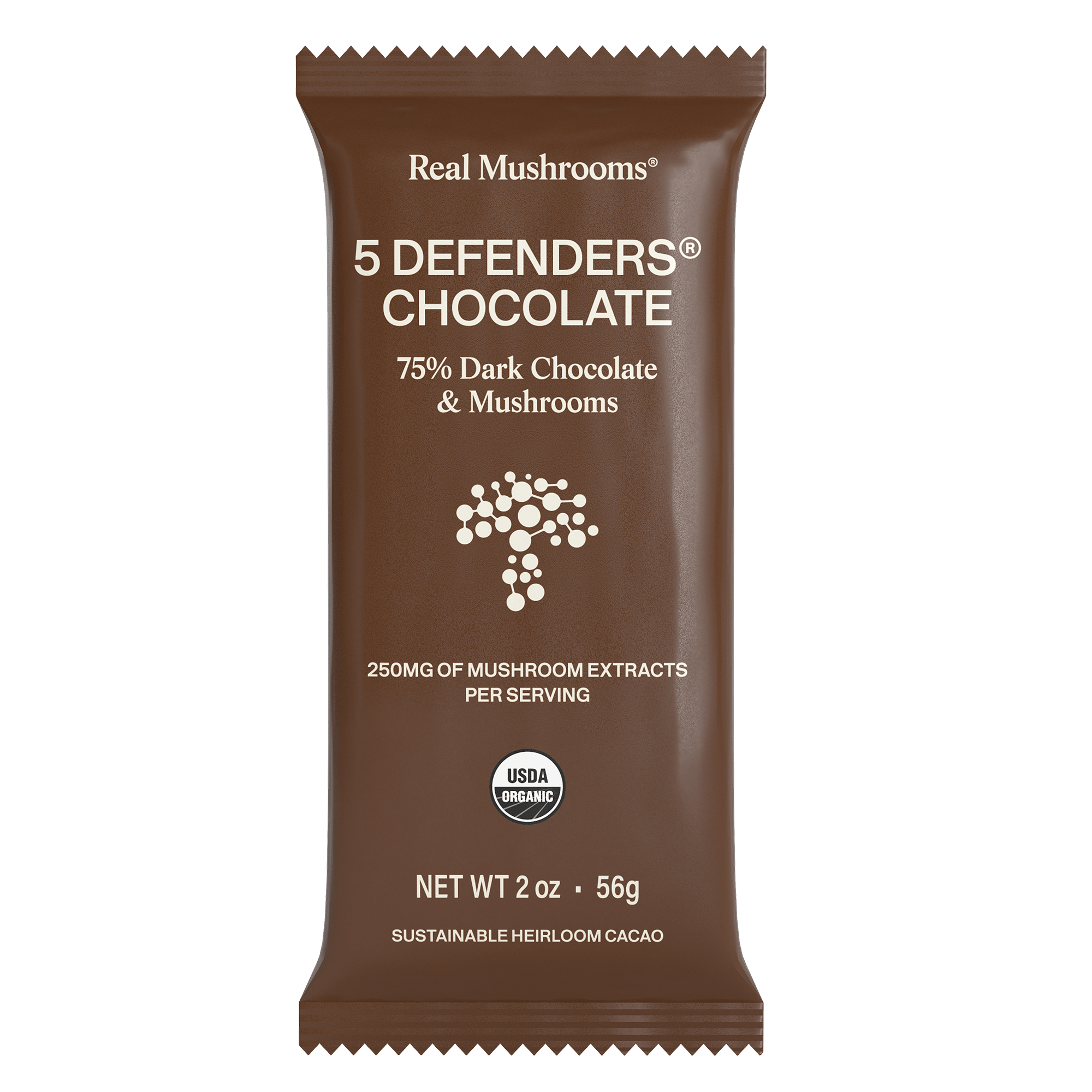 The Real Mushrooms Mushroom Chocolate Bar - 5 Pack features 75% organic dark chocolate with functional mushrooms, delivering 250mg mushroom extracts per serving. This bar proudly displays the USDA organic logo.