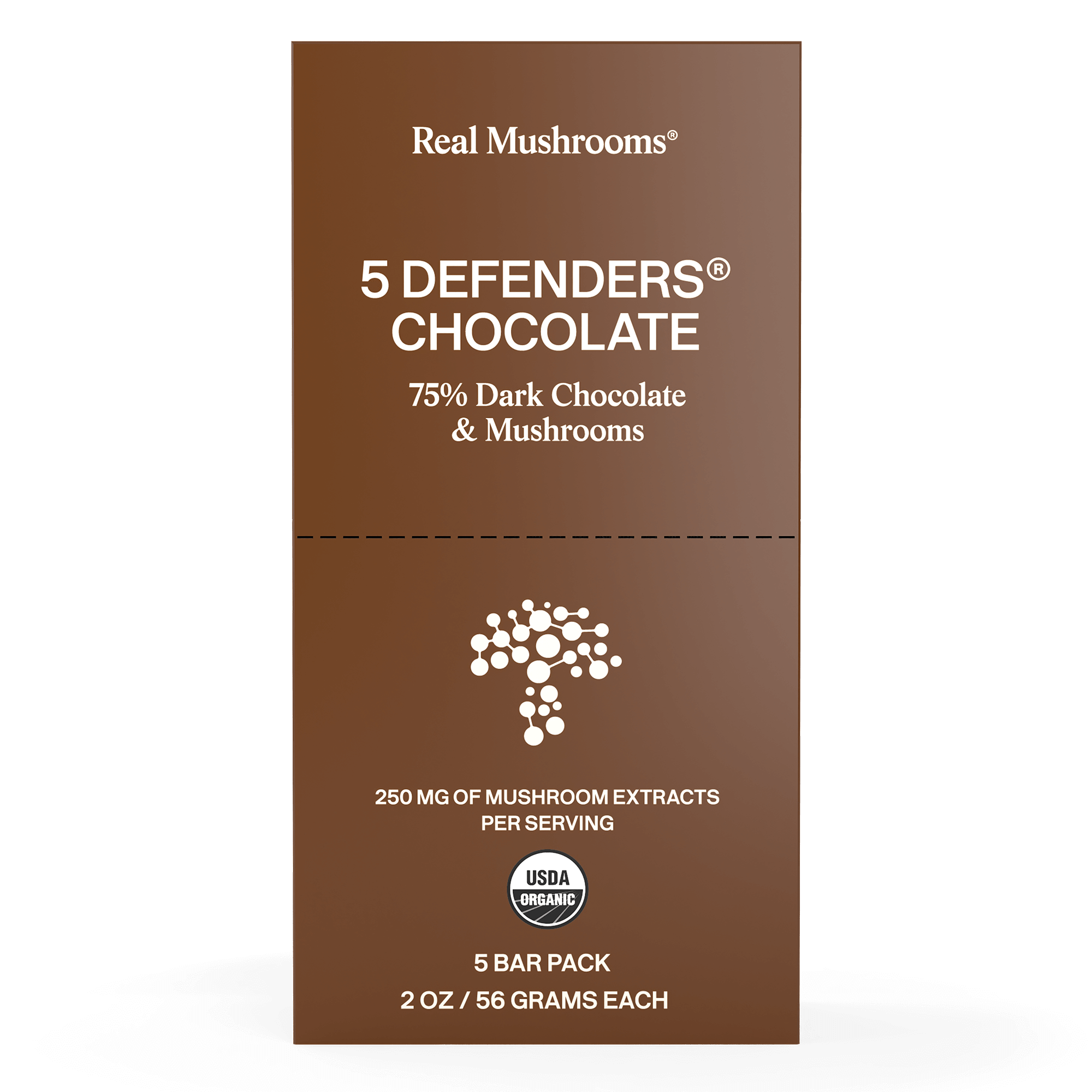 The Mushroom Chocolate Bar - 5 Pack by Real Mushrooms features 75% organic dark chocolate with functional mushrooms, delivering 250 mg mushroom extracts per serving and is USDA organic certified.
