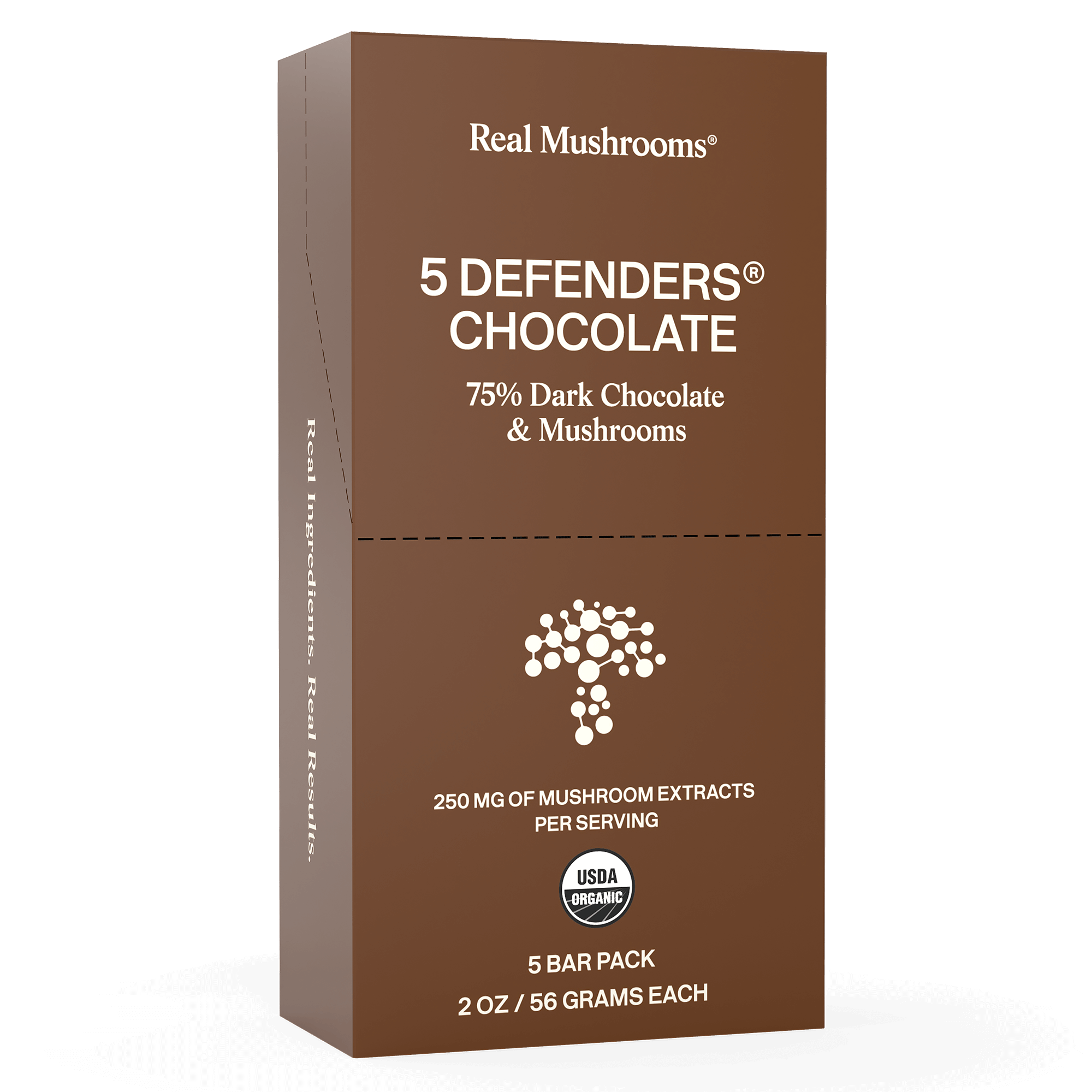 A brown box labeled "Mushroom Chocolate Bar - 5 Pack" by Real Mushrooms, features USDA organic 75% dark chocolate bars with functional mushrooms—250 mg mushroom extract per serving.