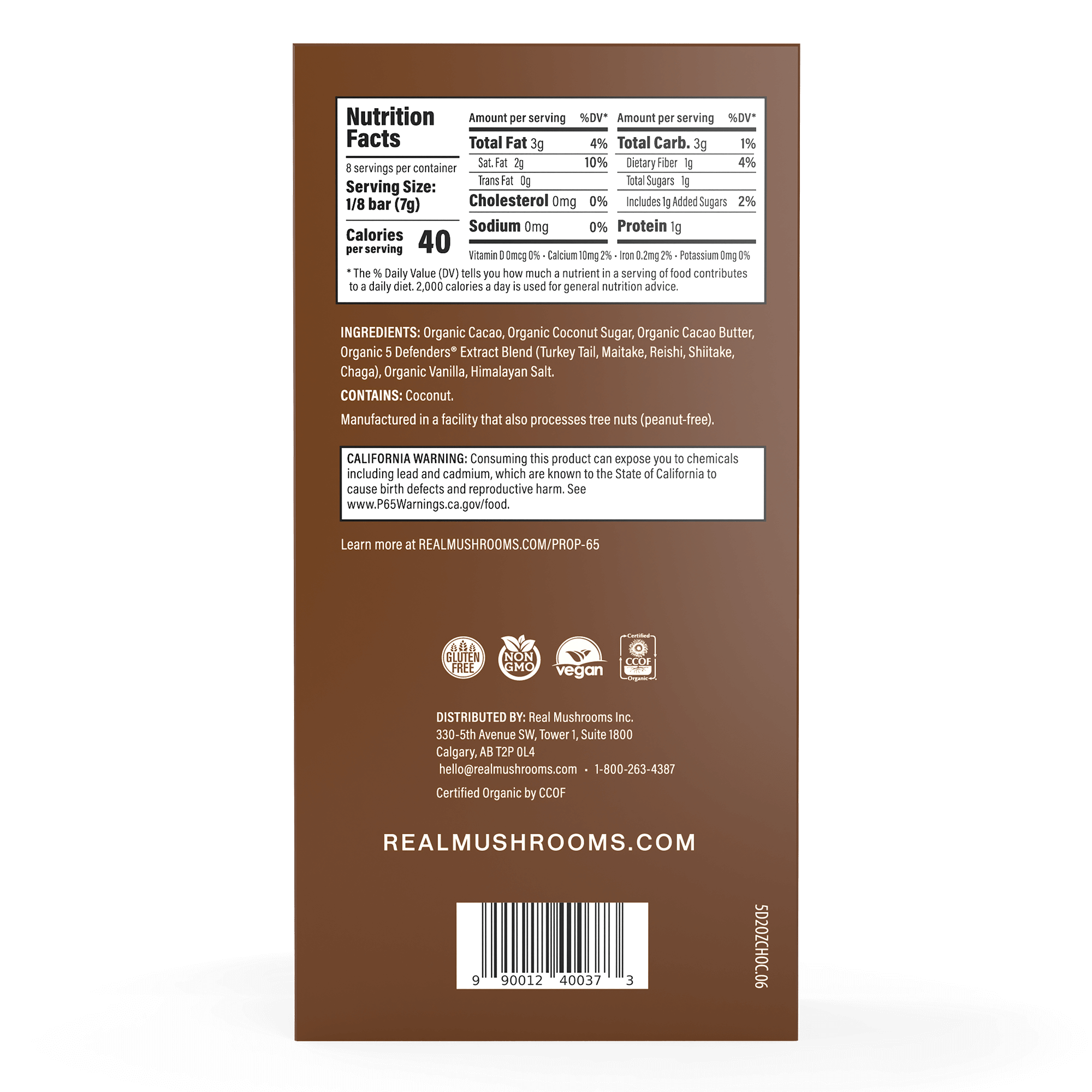 Back of Real Mushrooms' Mushroom Chocolate Bar - 5 Pack features nutrition facts, ingredient list with organic dark chocolate and functional mushrooms, allergen details, certifications, contact info, and a barcode at the bottom.