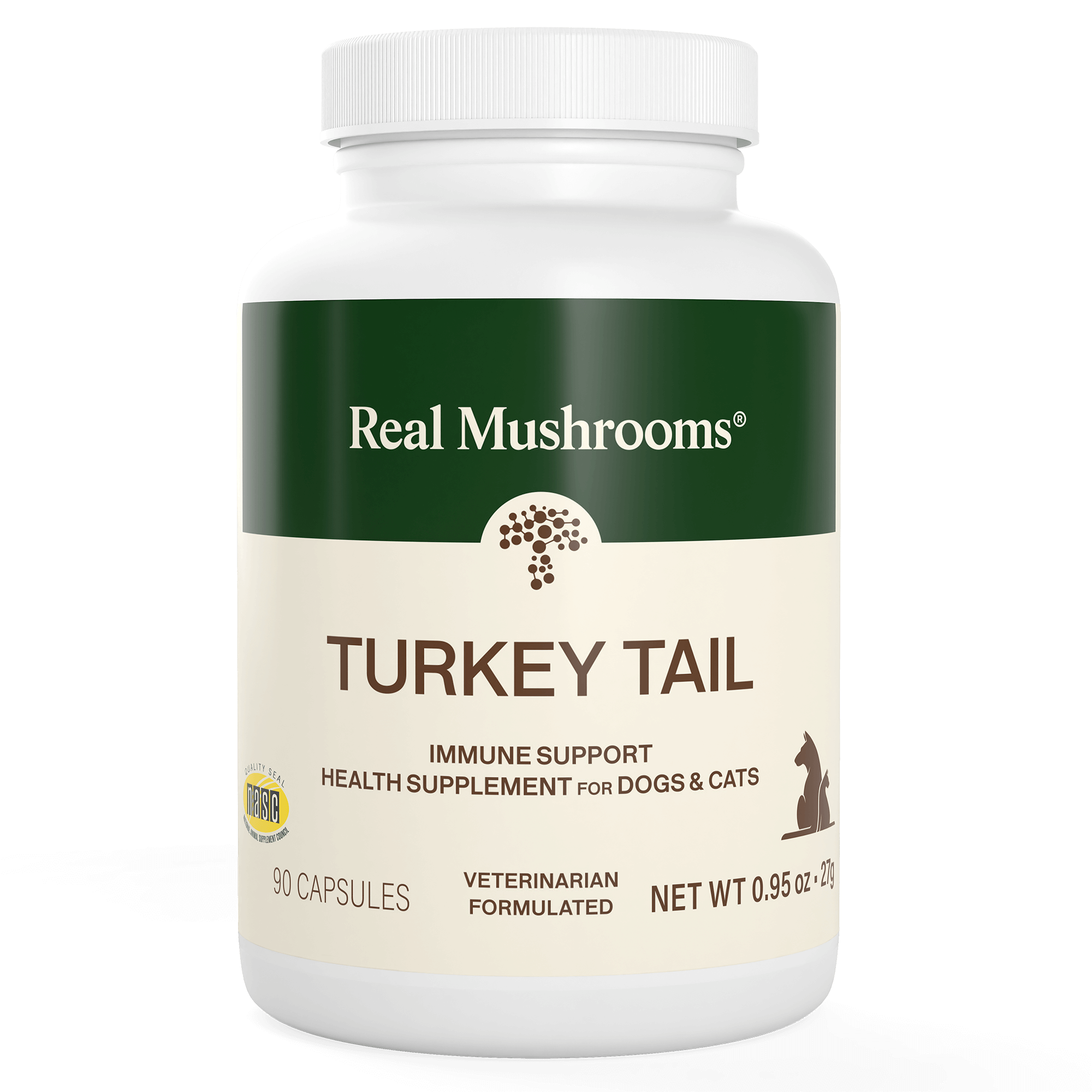 Real Mushrooms Turkey Tail Extract Capsules for Pets offers 90 capsules of veterinarian-formulated immune support for dogs and cats, made with organic turkey tail mushroom and rich in beta-glucans.