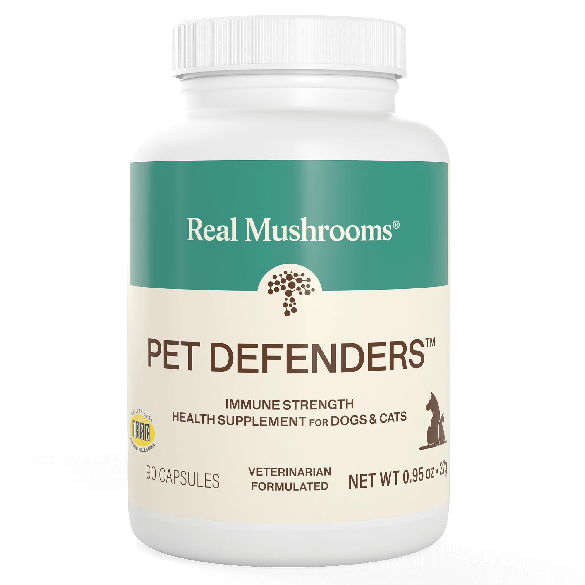 A bottle of Real Mushrooms 5 Defenders® Organic Mushroom Blend Capsules for Pets offers 90 veterinarian-formulated capsules with organic mushroom extracts and beta-glucans, supporting immune health in dogs and cats.
