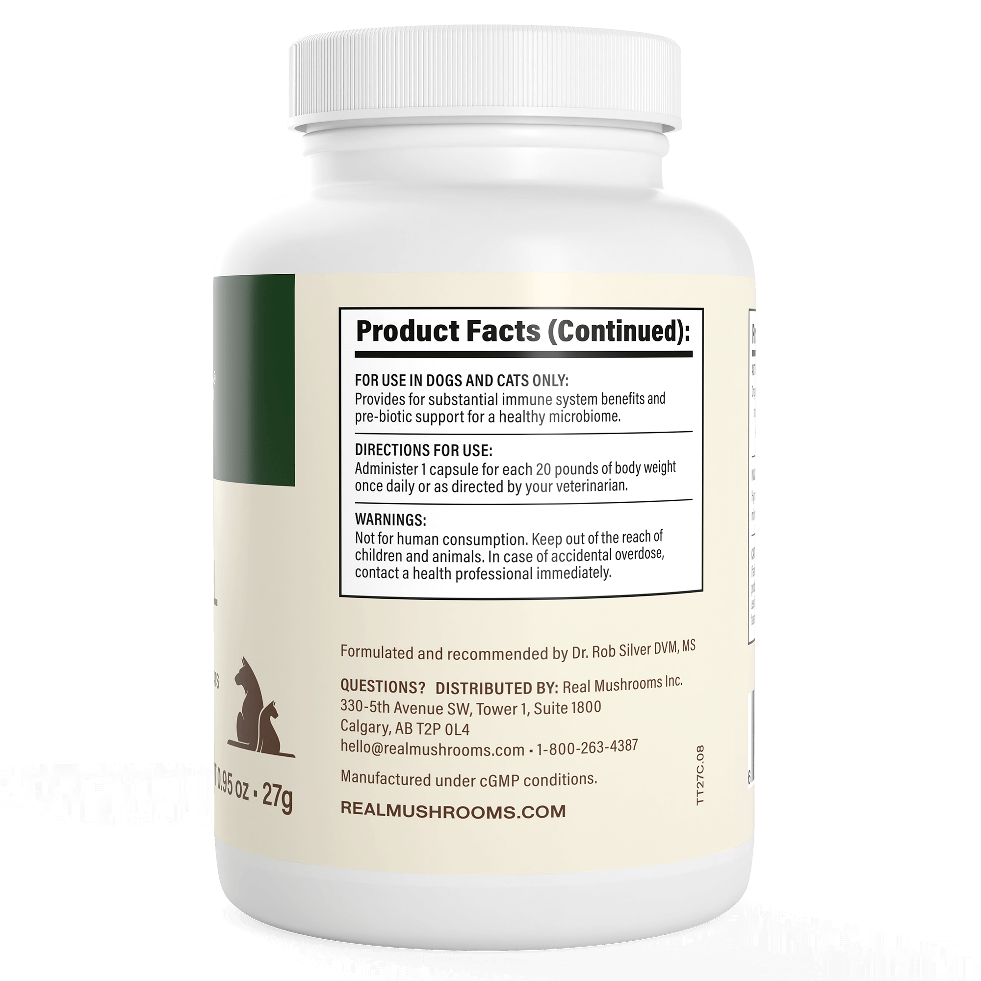 White bottle of Real Mushrooms Turkey Tail Extract Capsules for Pets with label showing product facts, pet use directions, warnings, distributor info, and small animal silhouettes. Contains beta-glucans from organic mushroom ingredients.