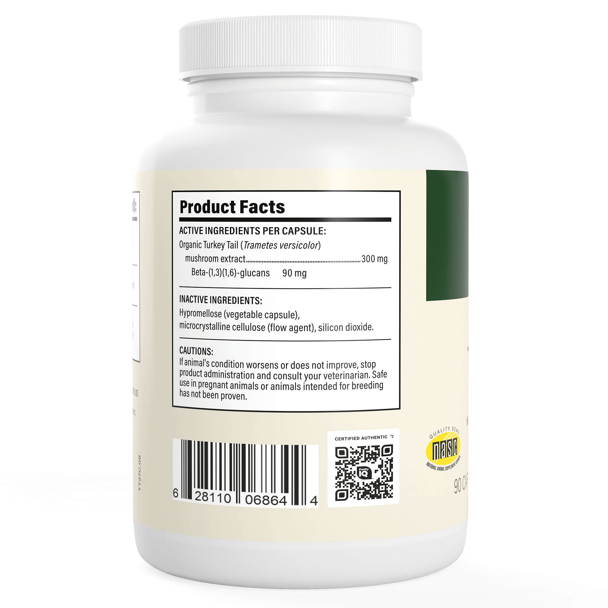 Real Mushrooms Turkey Tail Extract Capsules for Pets: white supplement bottle shows product facts label with beta-glucans from organic turkey tail mushroom extract, certification seals, barcode, and inactive ingredients.